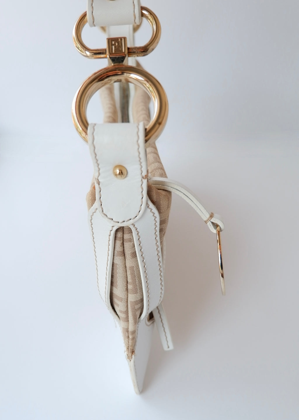Preowned Vintage Fendi White Leather Beige Canvas Zucchino Shoulder Bag