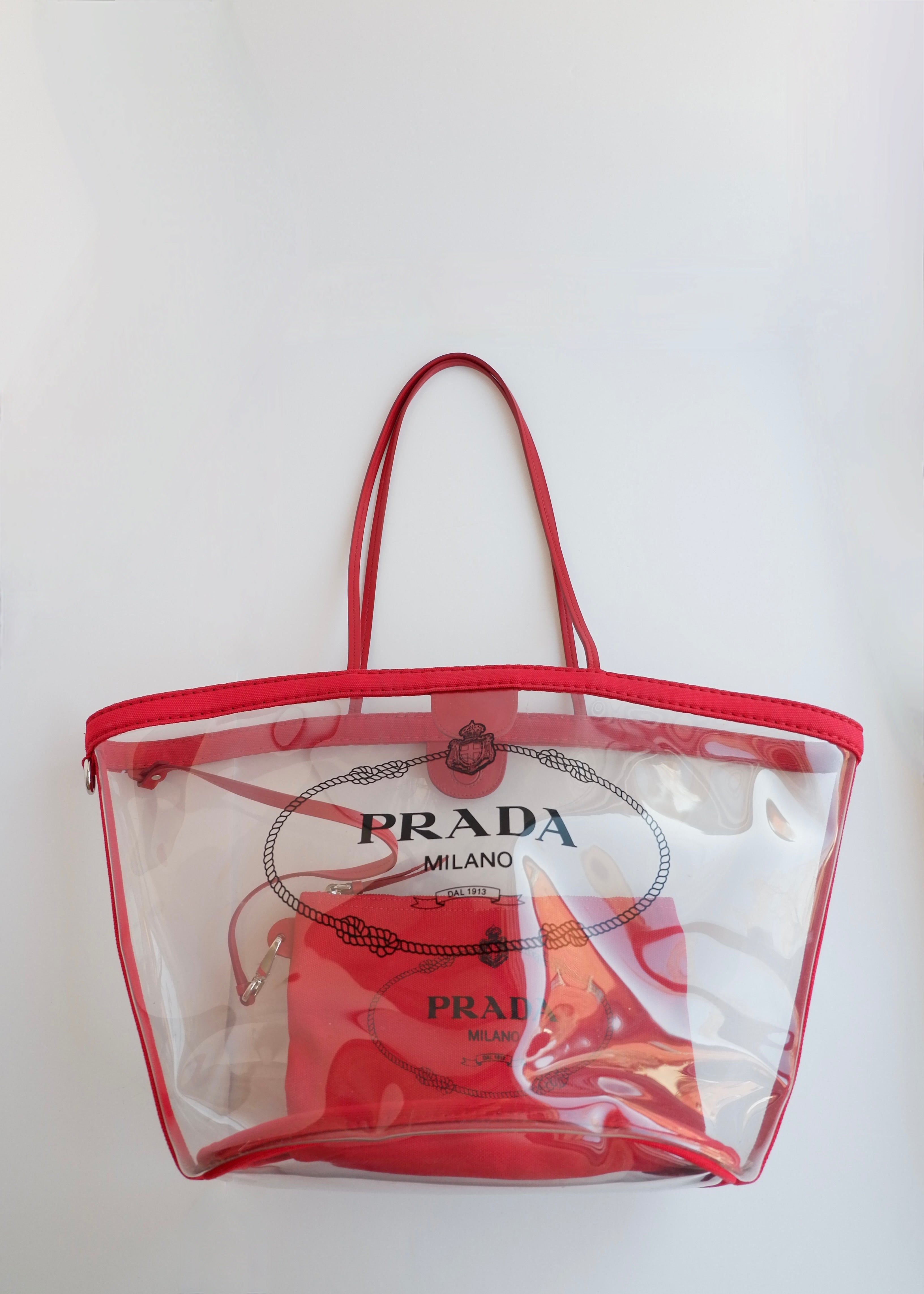 Authentic Preowned Prada Red Canvas/ Transparent Tote Bag