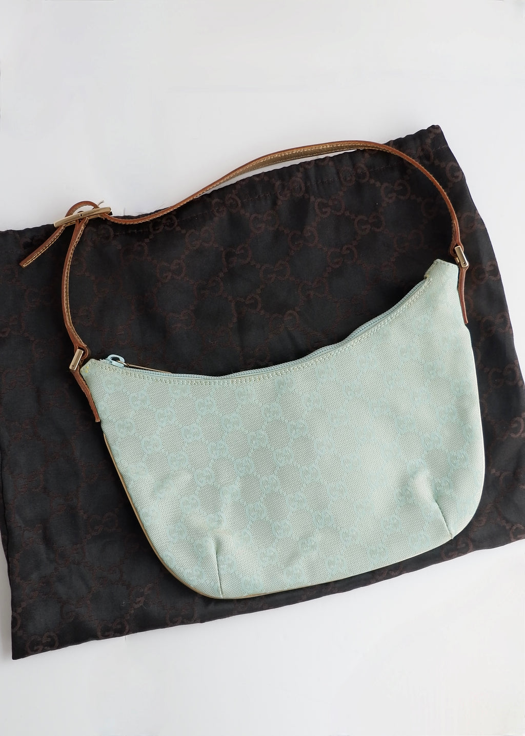 Authentic Preowned Gucci Blue GG Canvas Gold Strap Half Moon Shoulder Bag