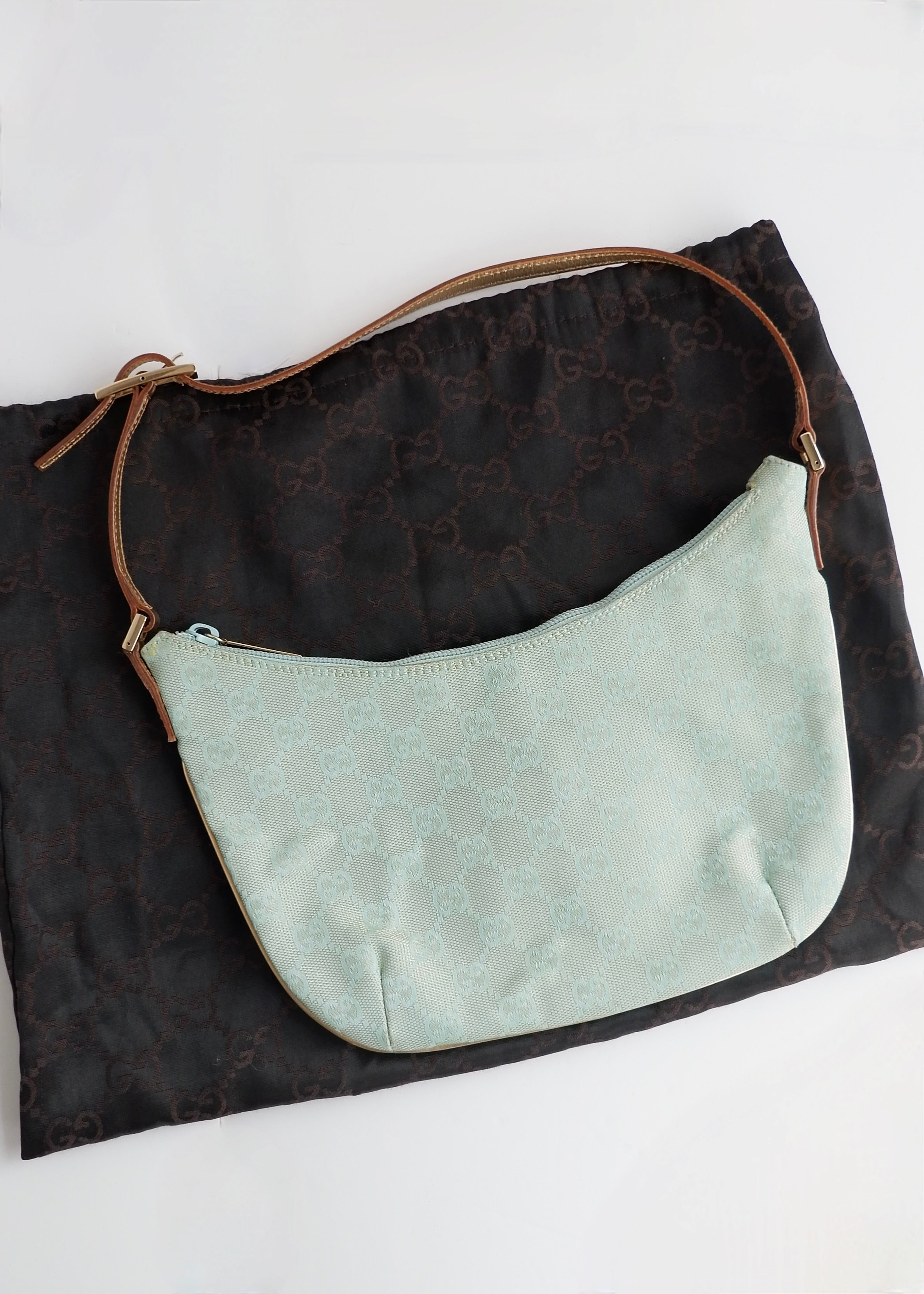 Authentic Preowned Gucci Blue GG Canvas Gold Strap Half Moon Shoulder Bag