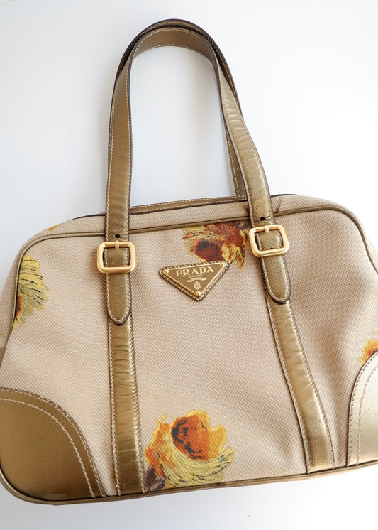 Authentic Preowned Prada Beige/ Gold St. Rose Bauletto Bag