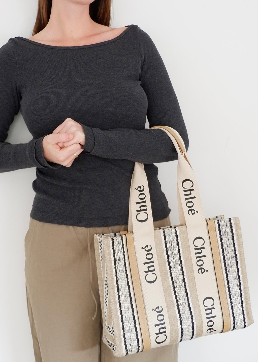 Authentic Preowned Chloe Beige/Black Striped Canvas Medium Woody Tote Bag