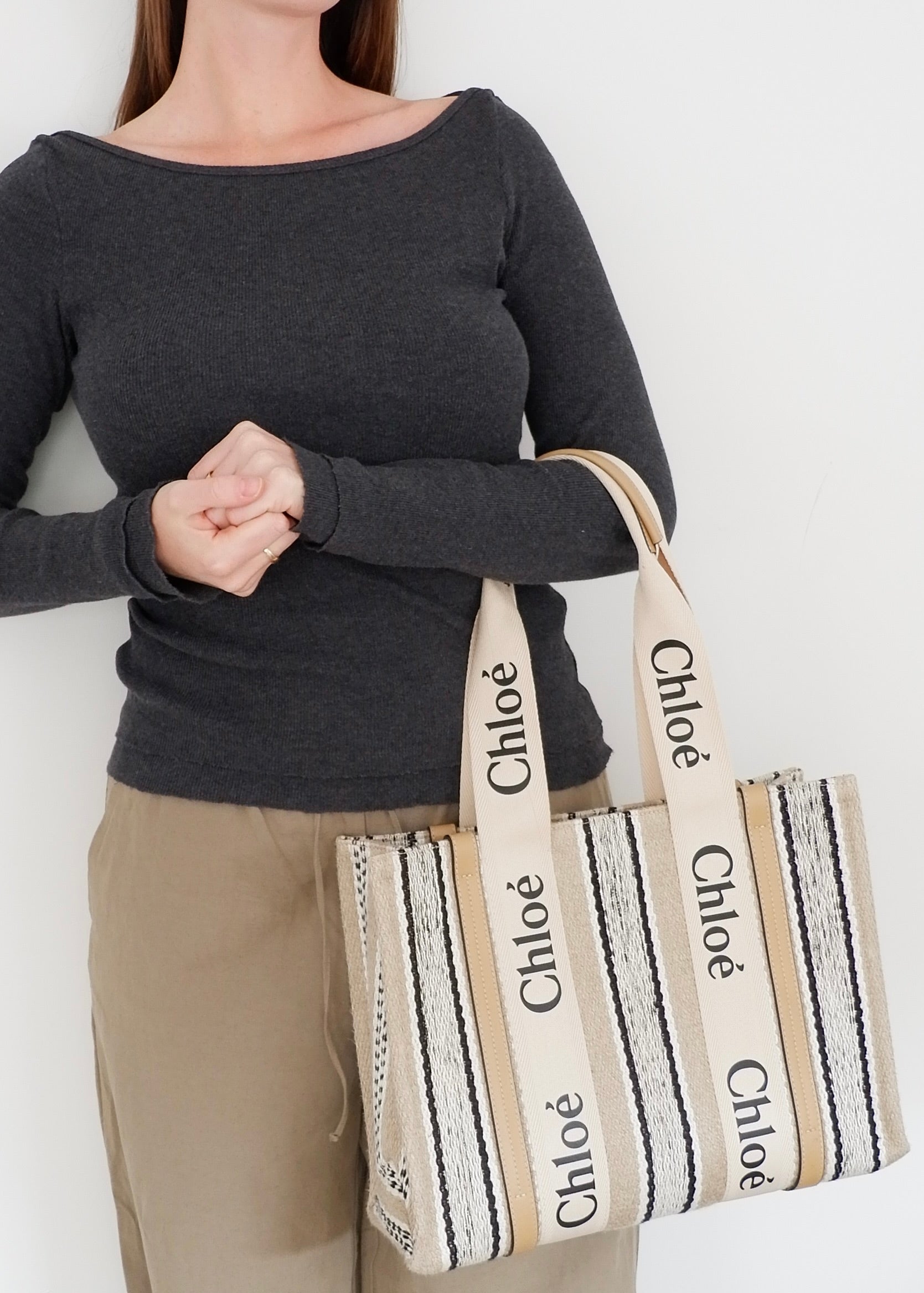Authentic Preowned Chloe Beige/Black Striped Canvas Medium Woody Tote Bag