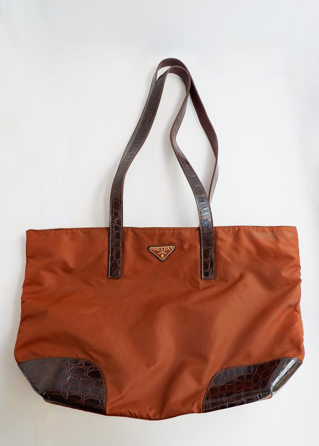 Preowned Prada Brown Nylon/ Patent Croc Long Strap Tote Bag