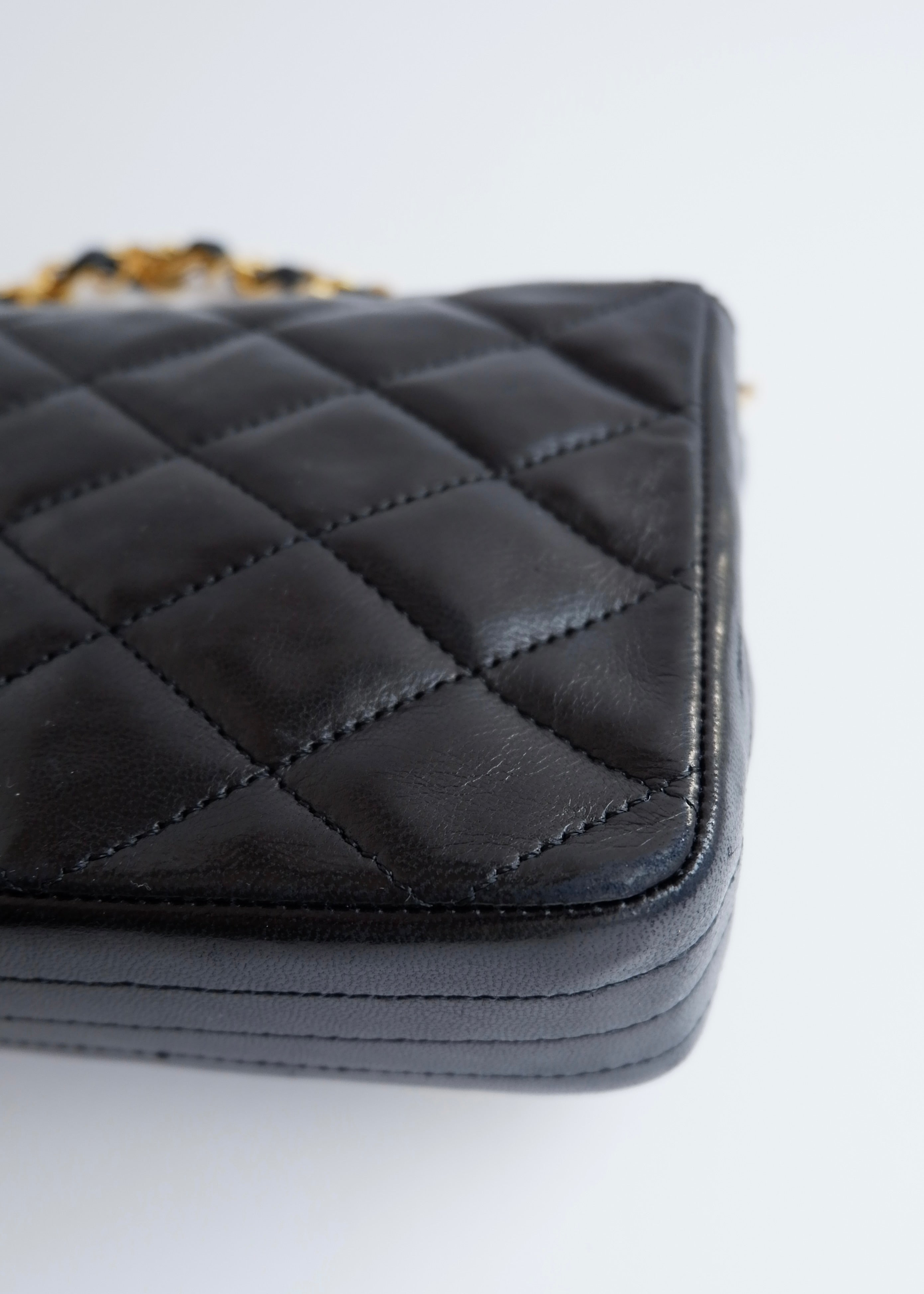 Authentic Preowned Vintage Chanel Black Lambskin Quilted Single Flap Crystal CC Logo Bag GHW
