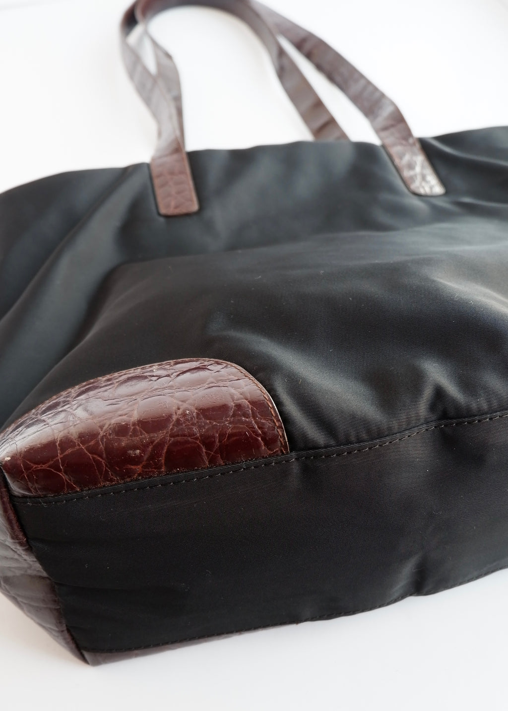 Authentic Preowned Prada Black/ Burgundy Nylon/Patent Leather Long Strap Tote Bag