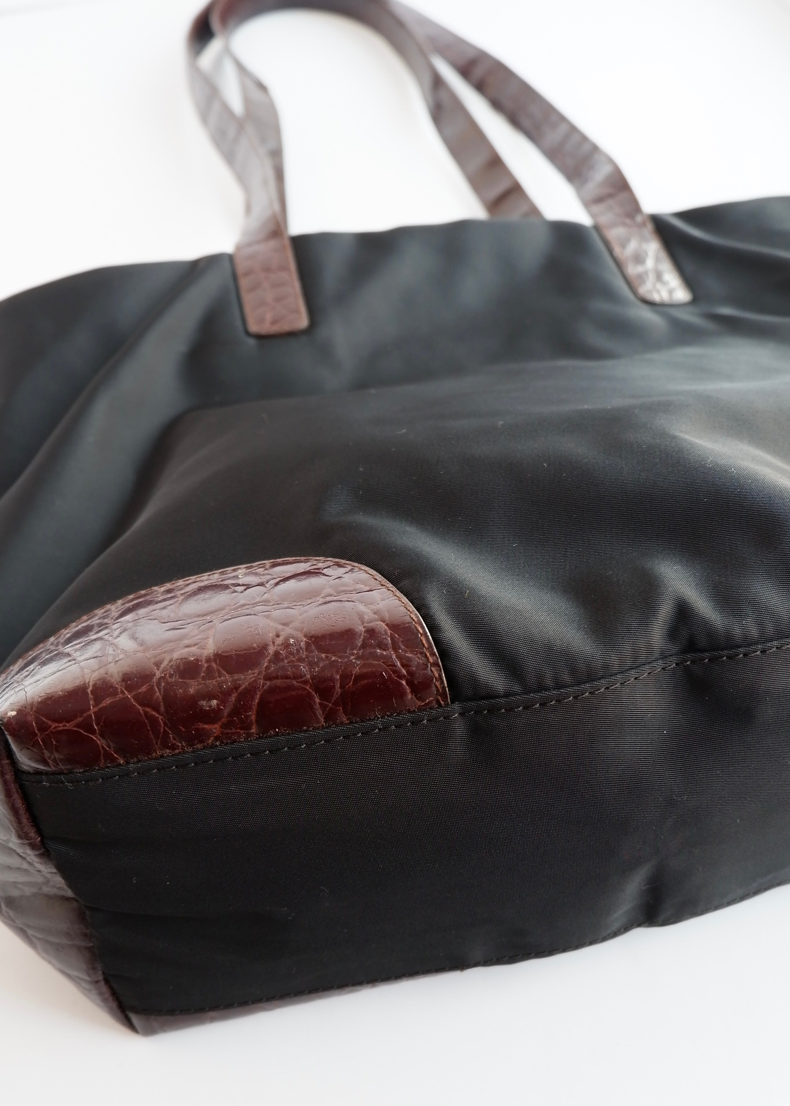 Authentic Preowned Prada Black/ Burgundy Nylon/Patent Leather Long Strap Tote Bag