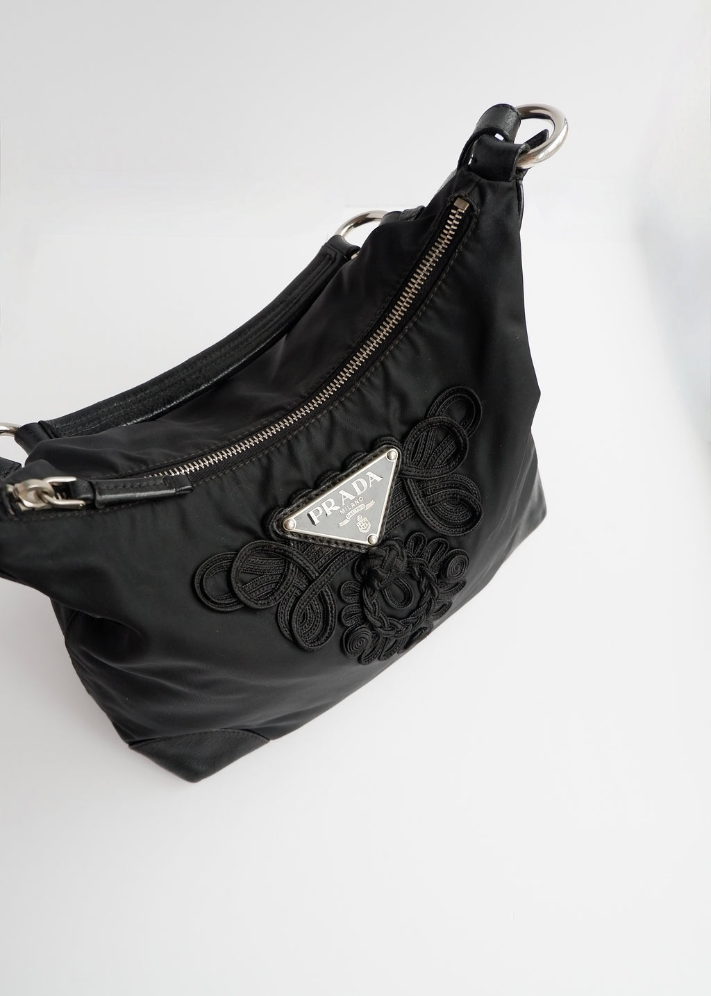 Authentic Preowned Prada Black Nylon Embroidered Hobo Shoulder Bag