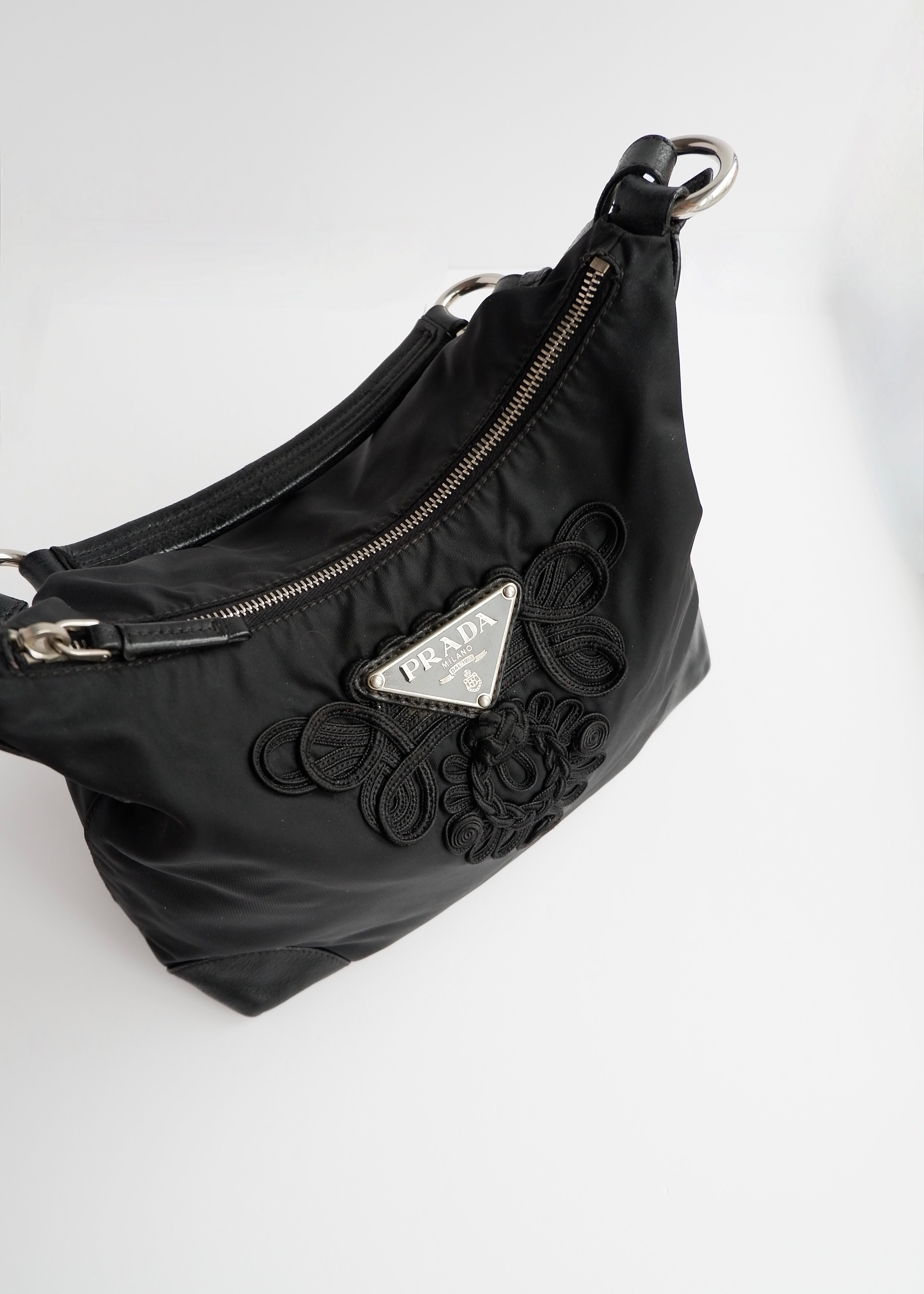 Authentic Preowned Prada Black Nylon Embroidered Hobo Shoulder Bag