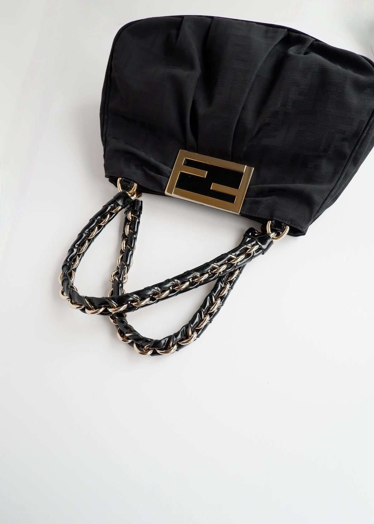 Preowned Fendi Black Zucca Print Gold FF Logo Shoulder Bag