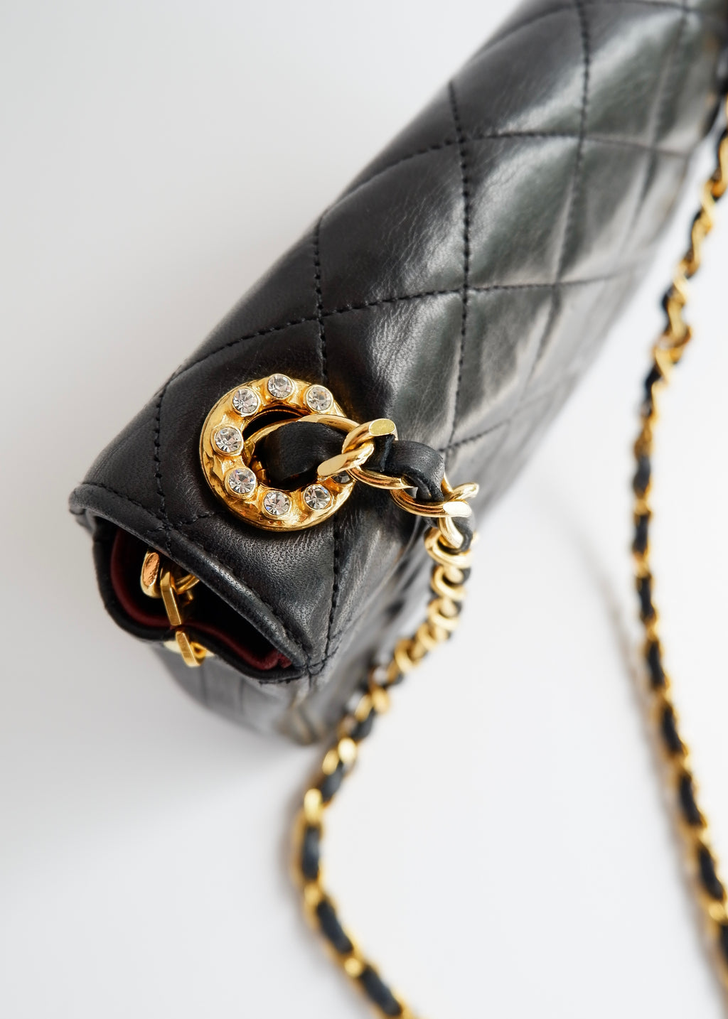 Authentic Preowned Vintage Chanel Black Lambskin Quilted Single Flap Crystal CC Logo Bag GHW
