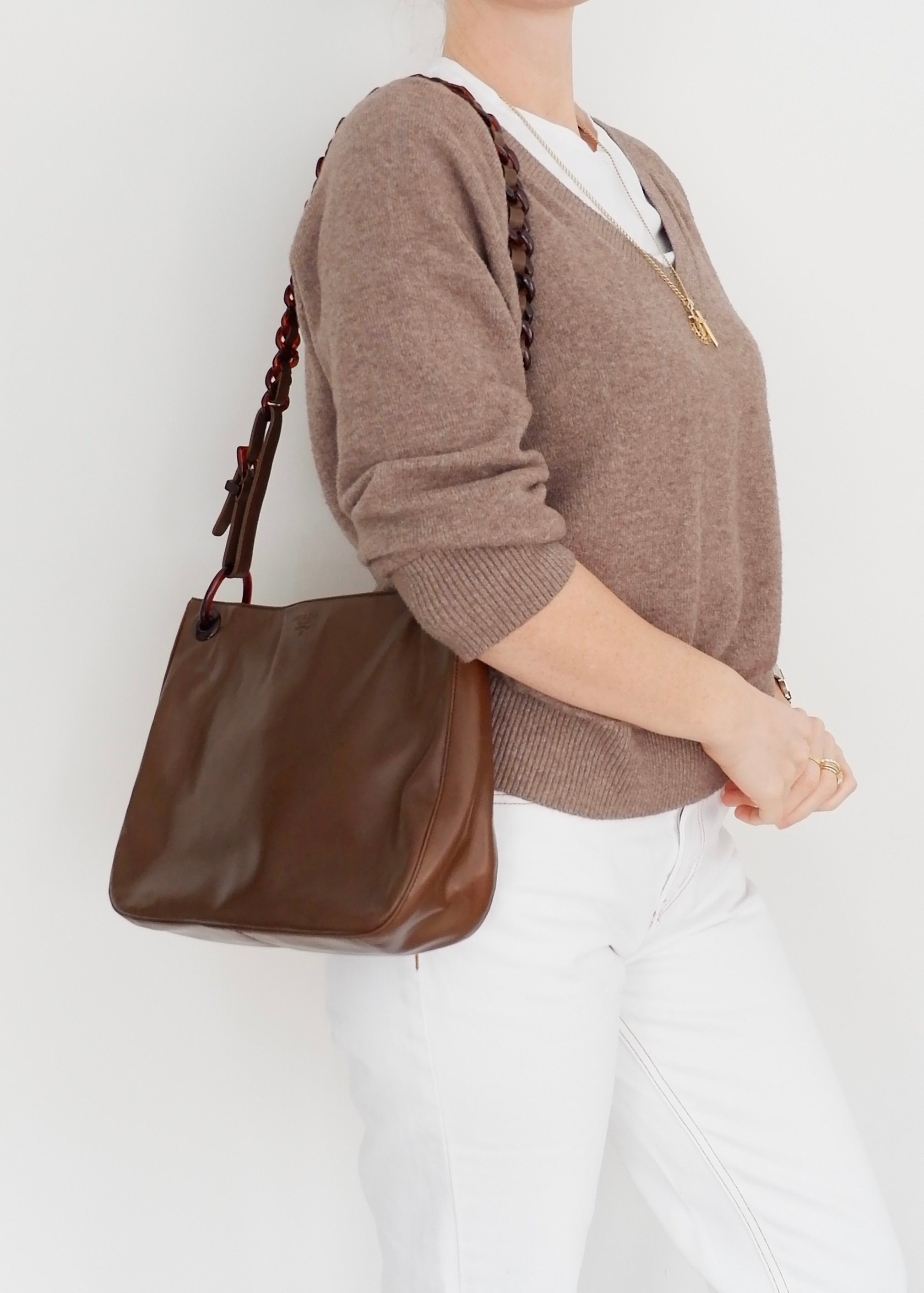 Authentic Preowned Prada Brown Leather Tortoise Chain Shoulder Bag