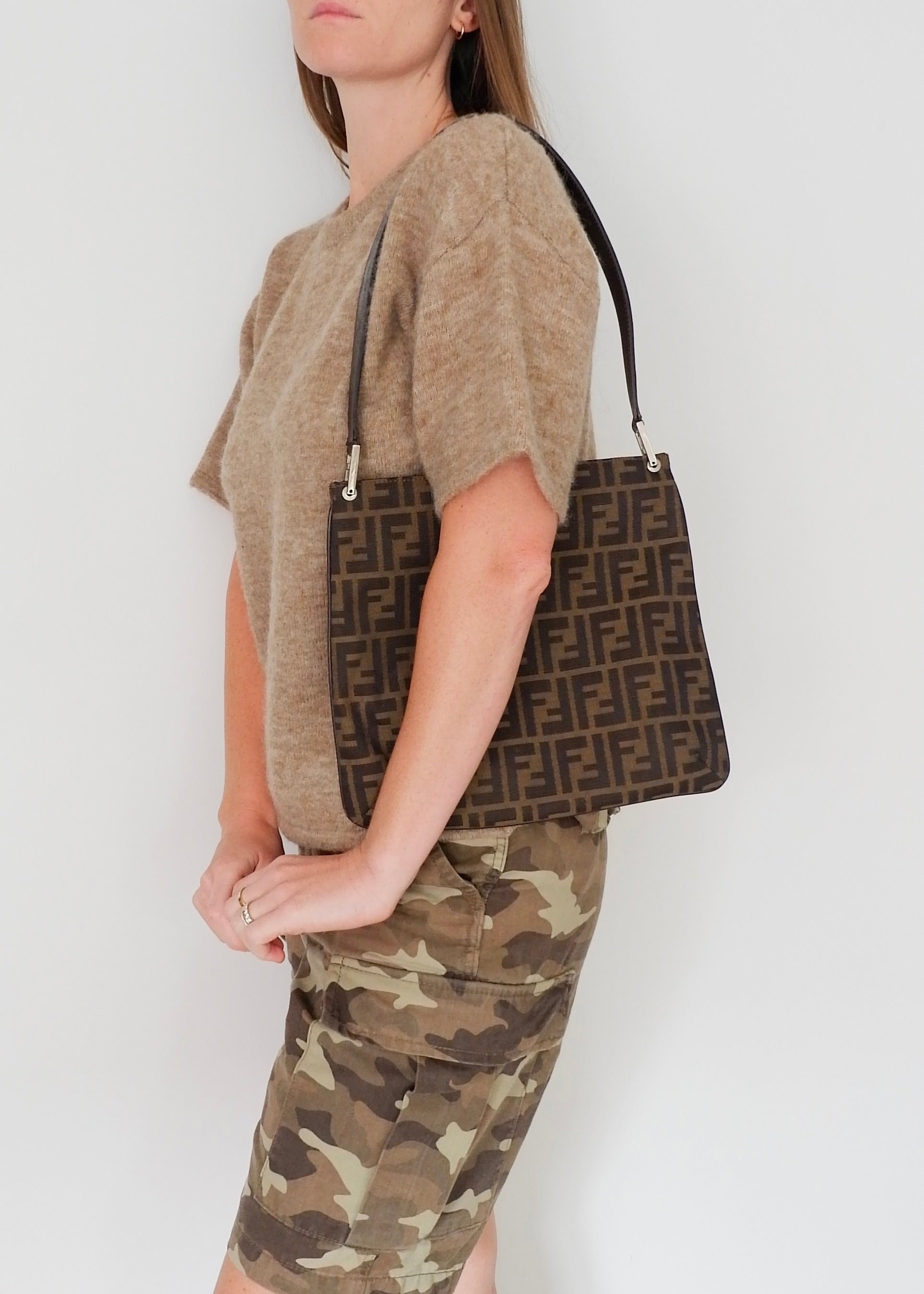 Preowned Vintage Fendi Brown Zucca Canvas/ Leather Shoulder Bag
