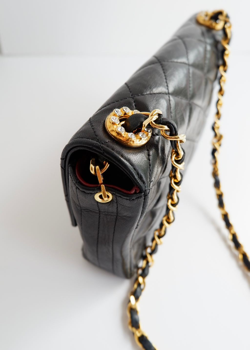 Authentic Preowned Vintage Chanel Black Lambskin Quilted Single Flap Crystal CC Logo Bag GHW
