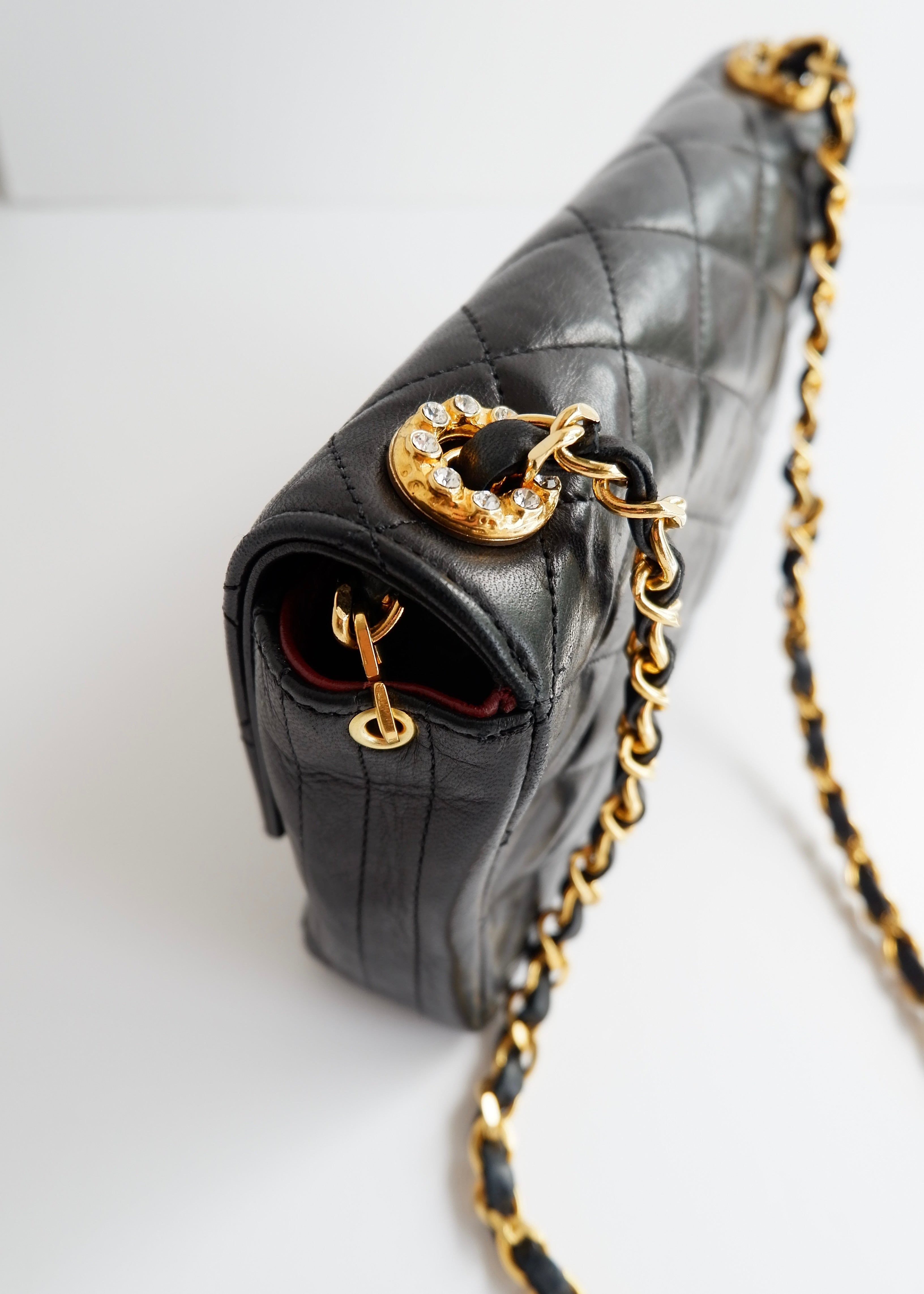 Authentic Preowned Vintage Chanel Black Lambskin Quilted Single Flap Crystal CC Logo Bag GHW