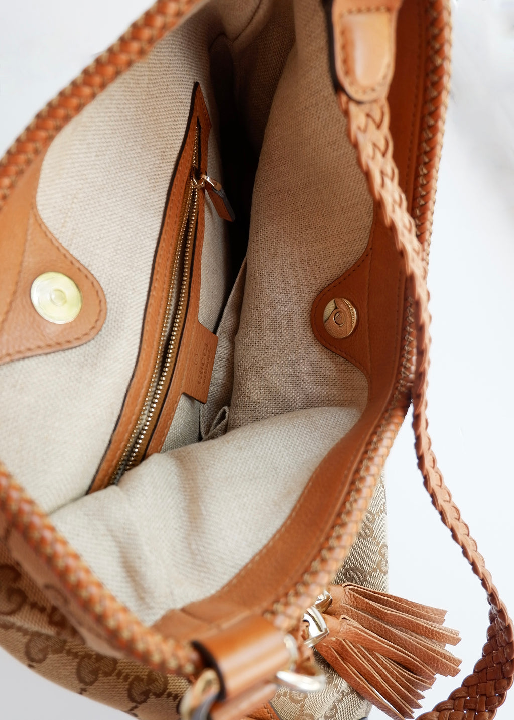 Preowned Gucci Brown GG Canvas Leather Tassel Shoulder Bag
