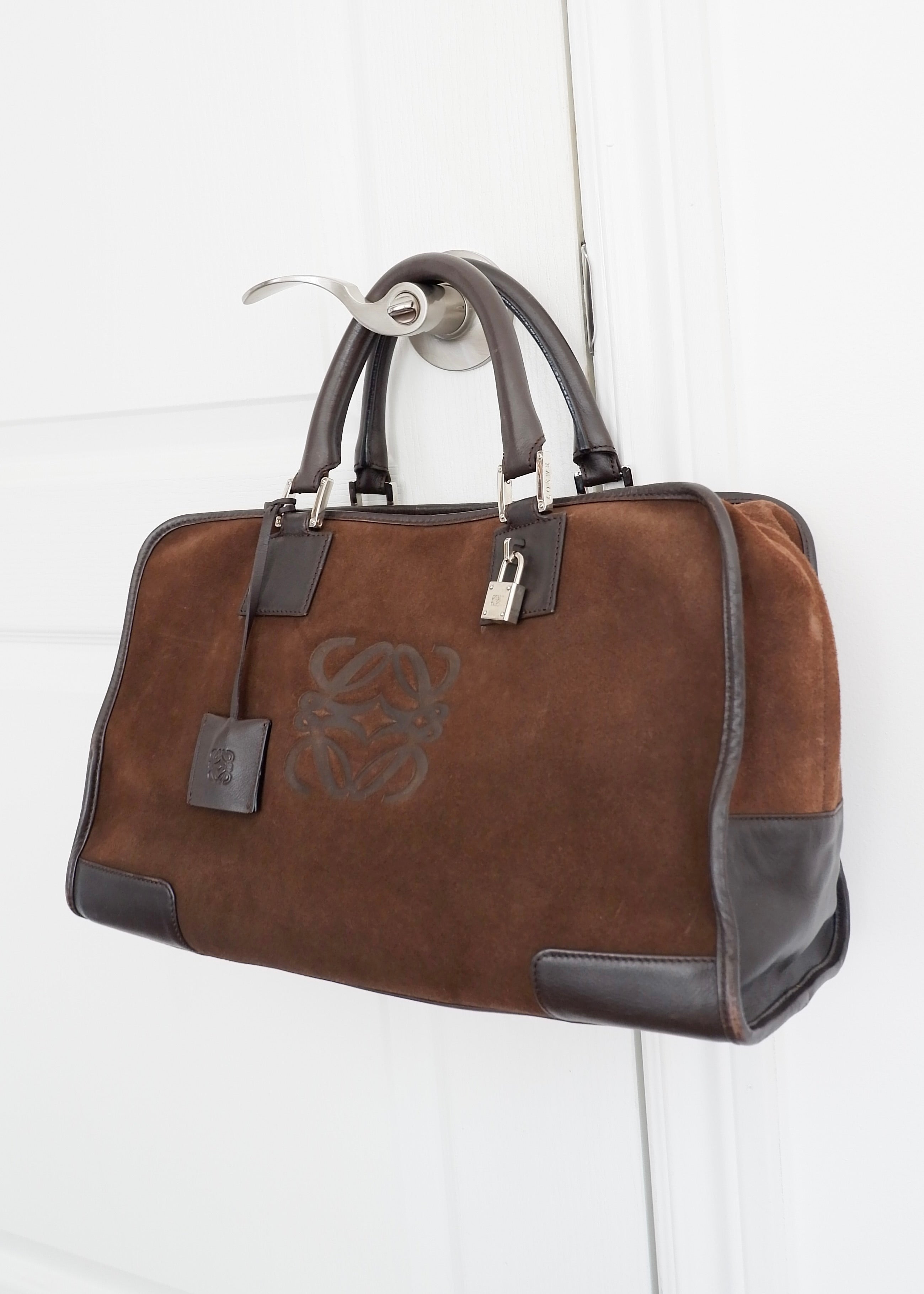 Authentique Sac à main vintage Loewe Amazona en daim et cuir marron pré-adoré