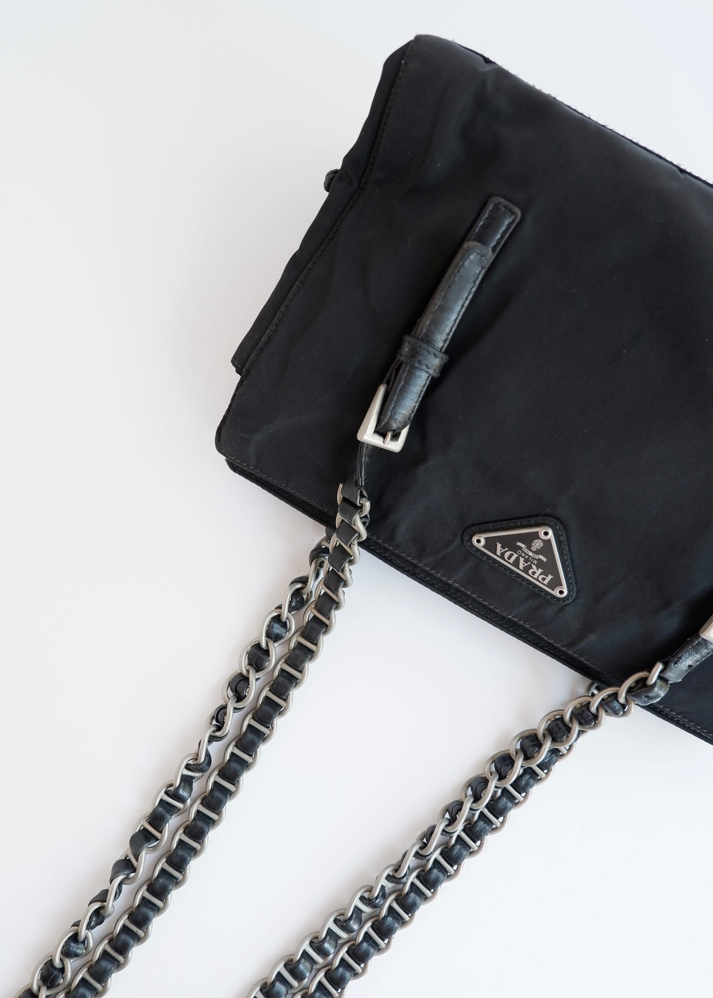 Authentic Preowned Prada Black Nylon/ Leather Metal Chain Shoulder Bag