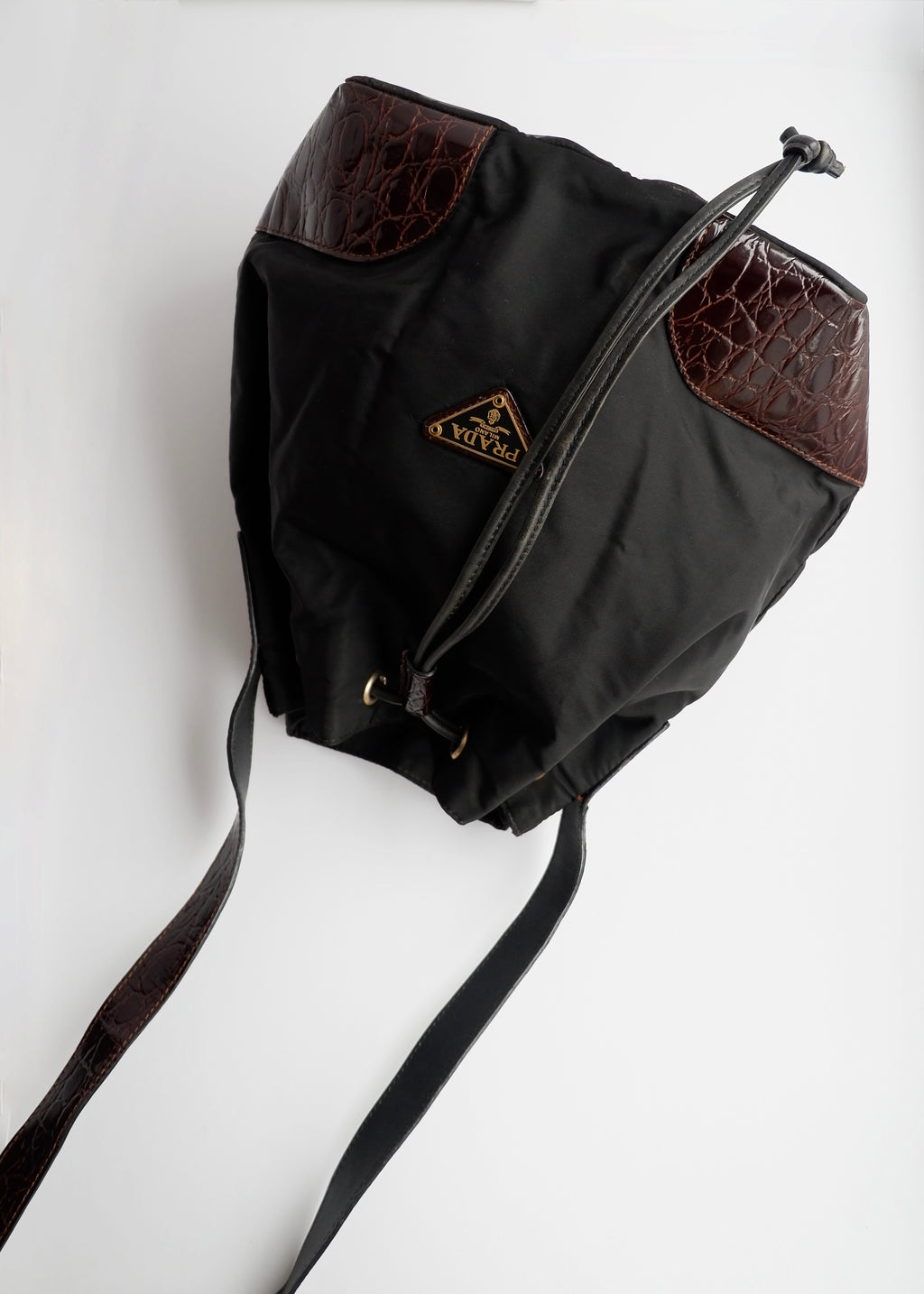 Authentic Preowned Prada Black/Brown Nylon/Leather Bucket Shoulder Bag
