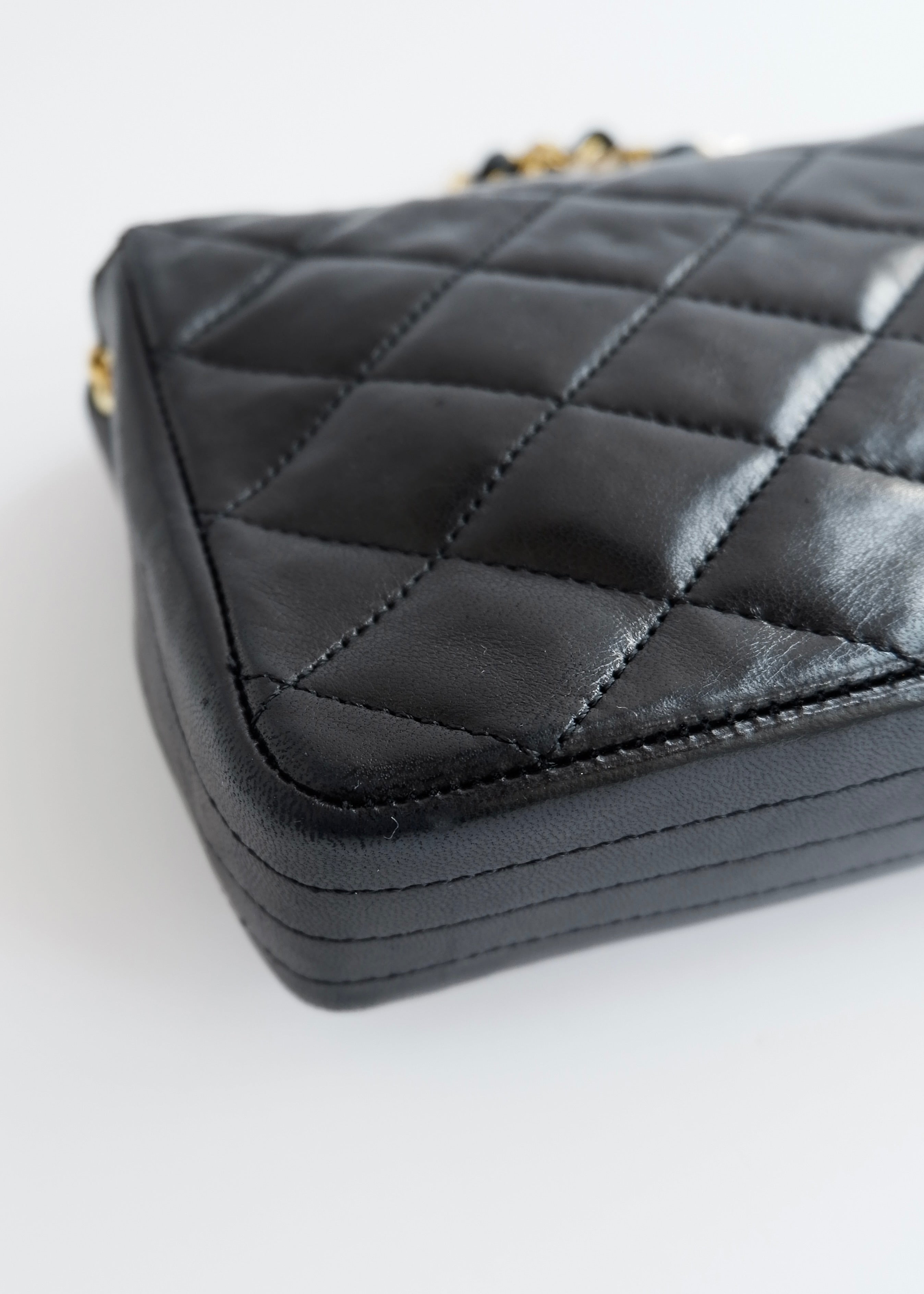Authentic Preowned Vintage Chanel Black Lambskin Quilted Single Flap Crystal CC Logo Bag GHW