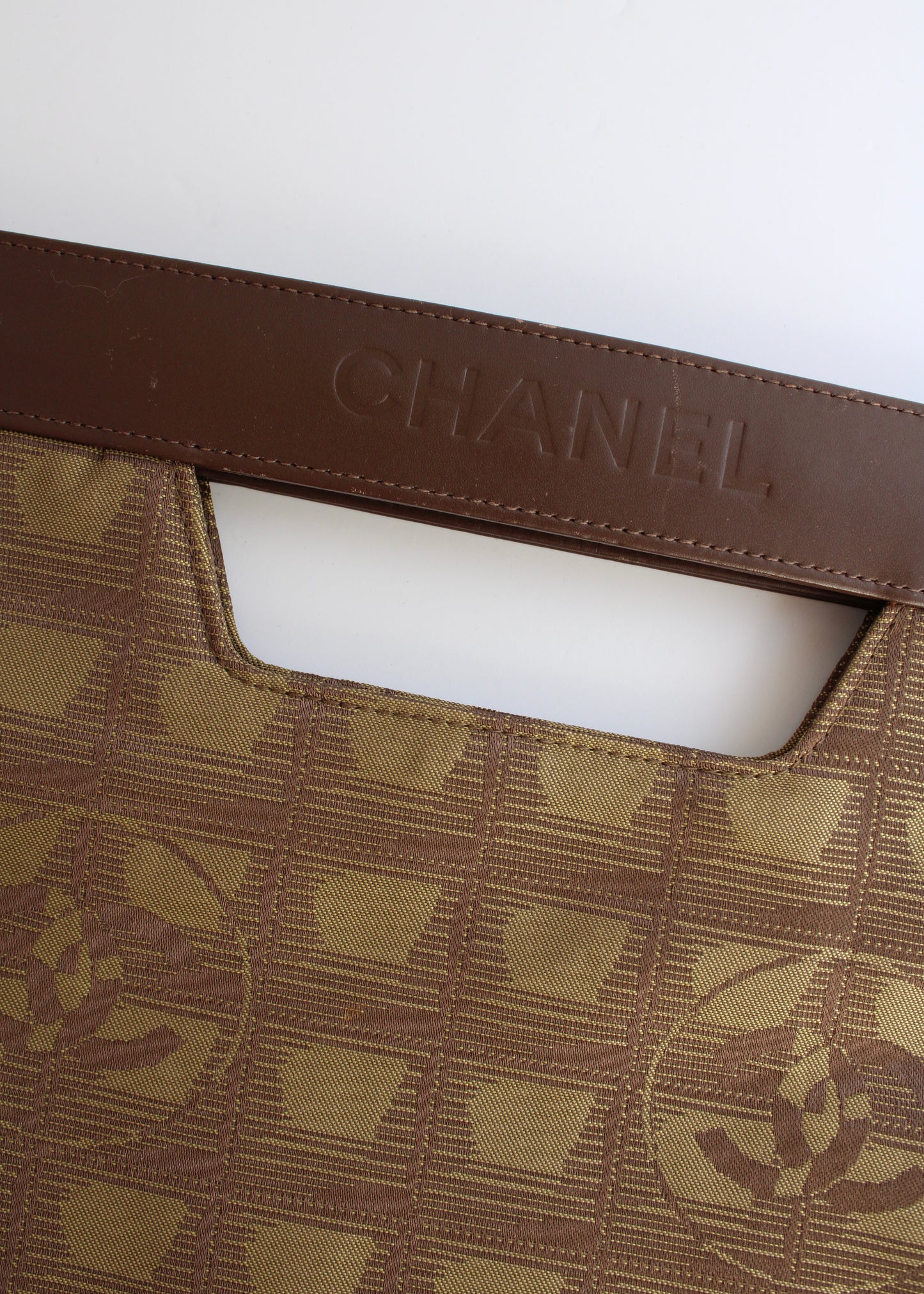 Authentic Preowned Vintage Chanel Khaki Canvas/ Leather Travel Line Clutch