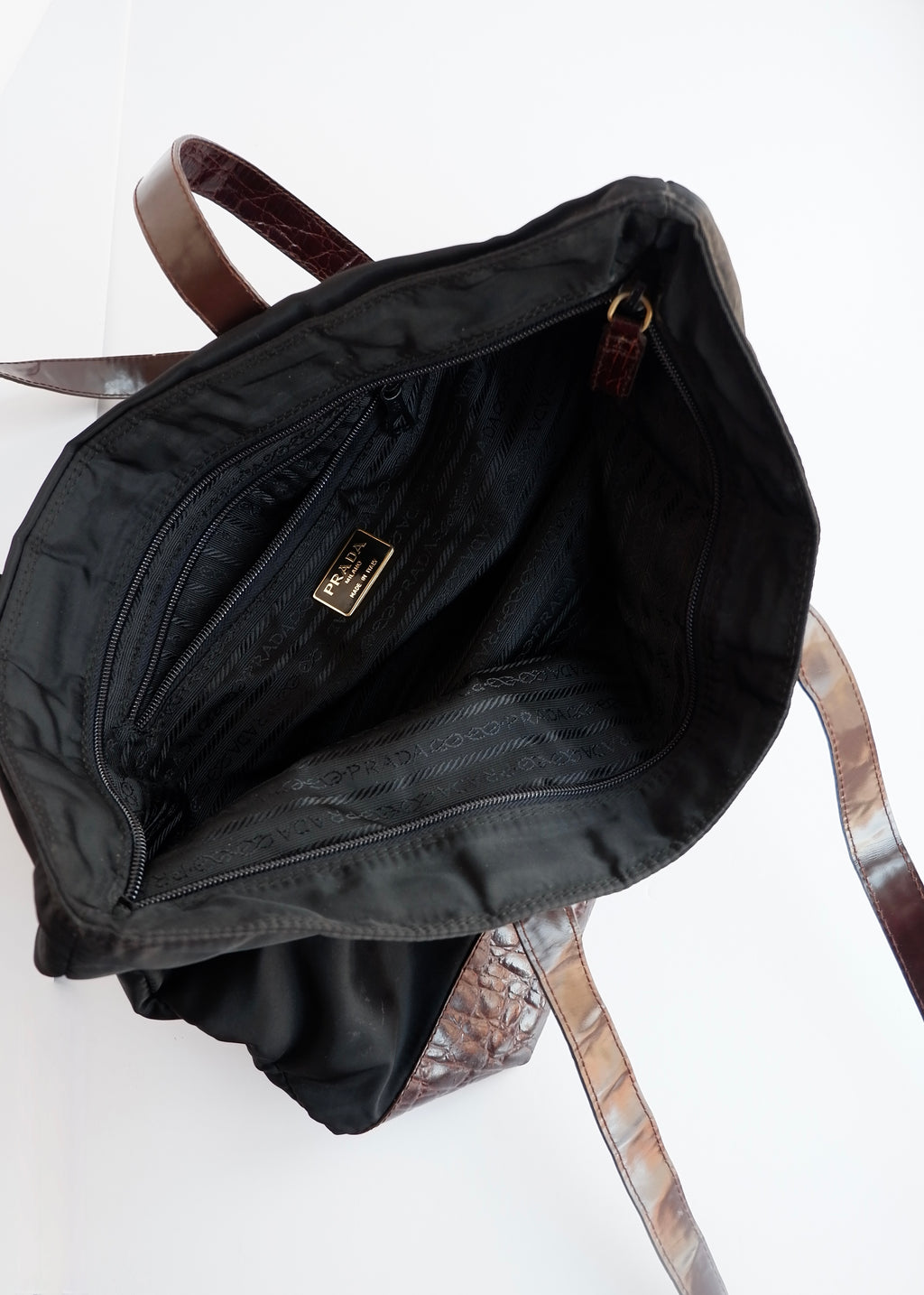 Authentic Preowned Prada Black/ Burgundy Nylon/Patent Leather Long Strap Tote Bag