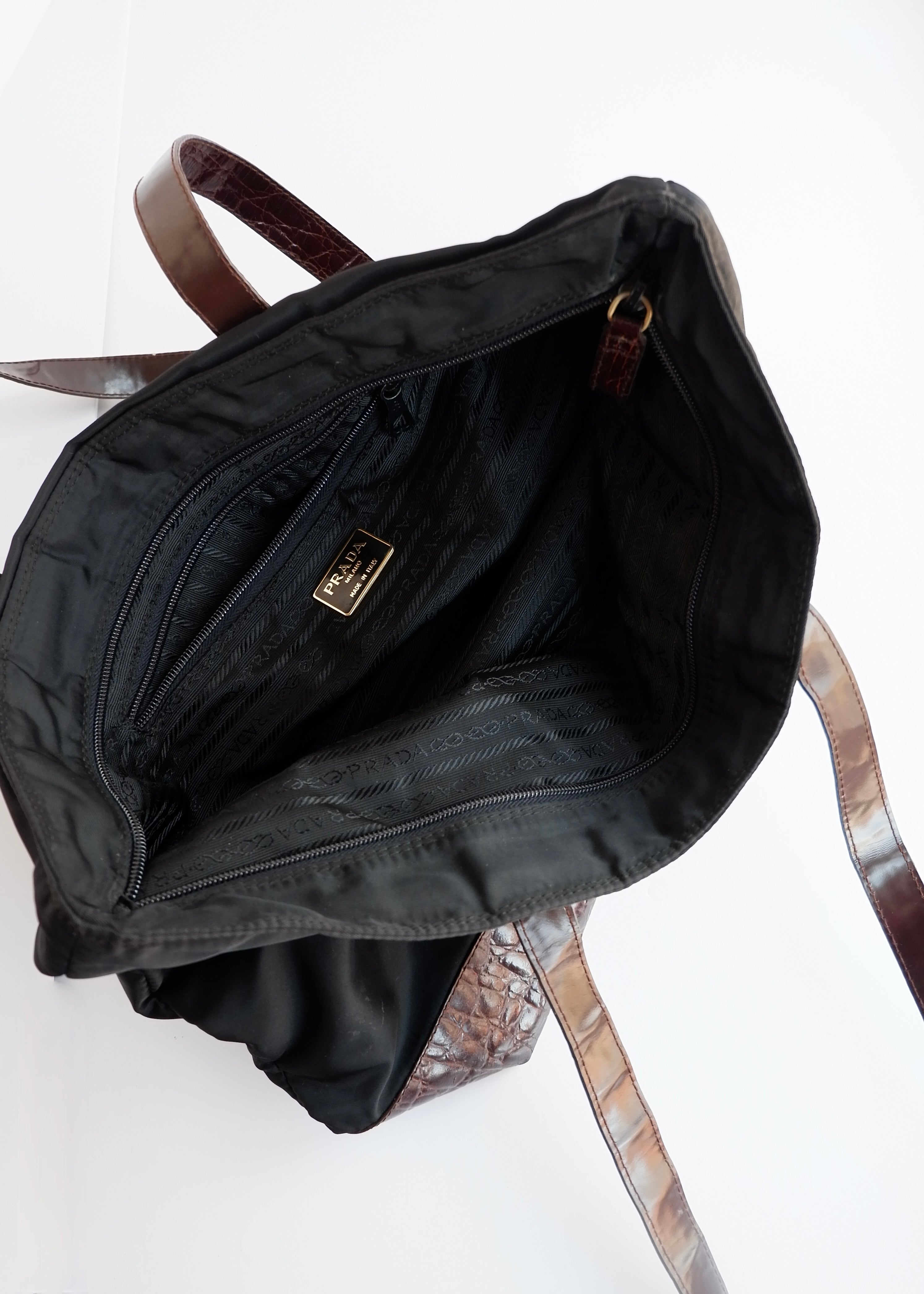 Authentic Preowned Prada Black/ Burgundy Nylon/Patent Leather Long Strap Tote Bag