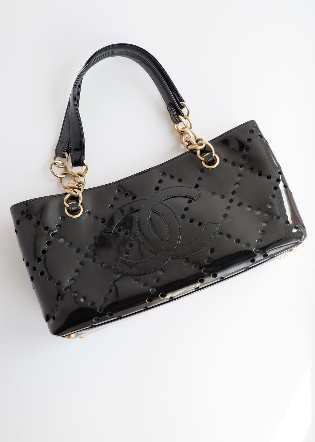 Authentic Preowned Chanel Black Patent Perforated Leather CC Logo Shoulder Bag