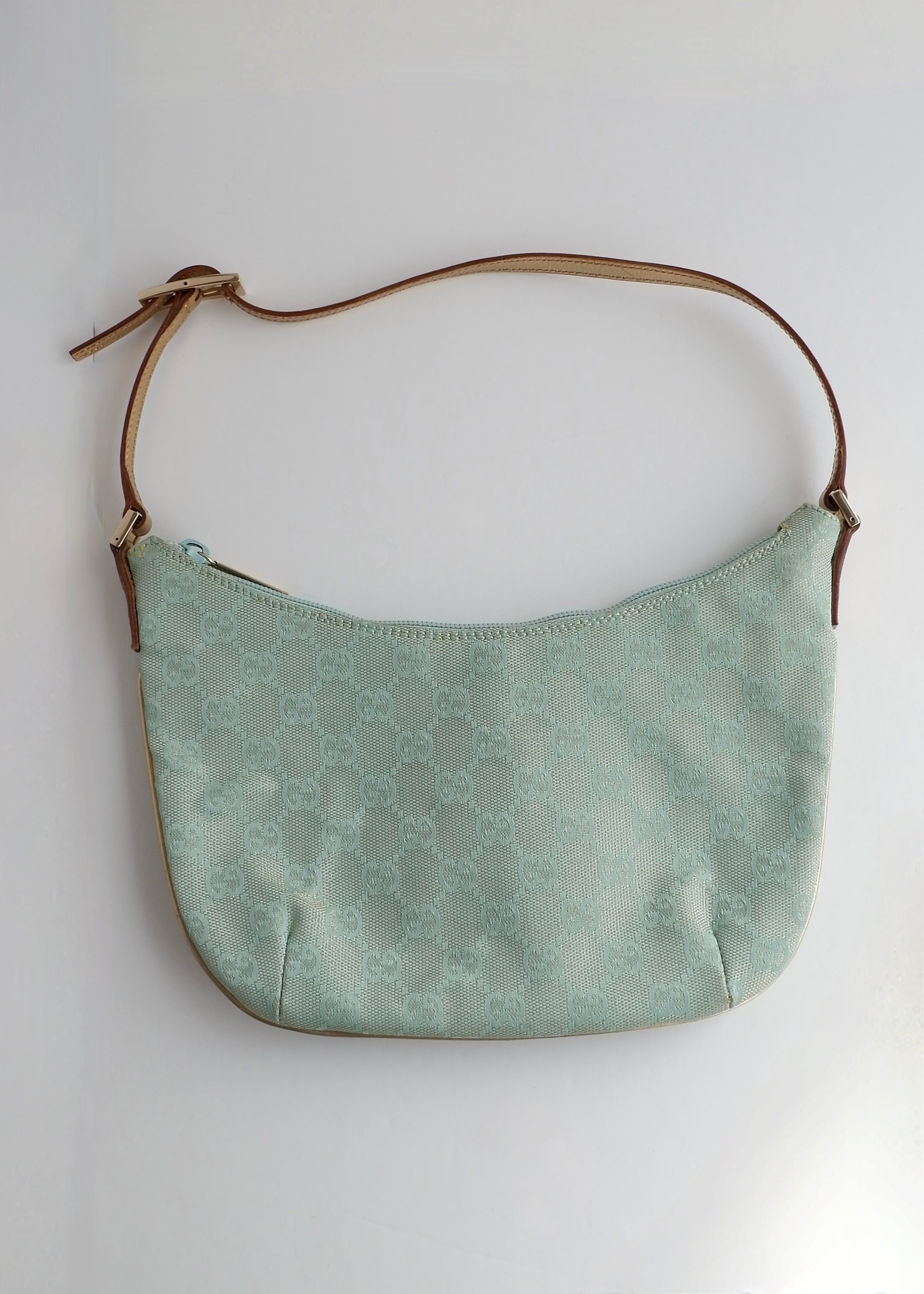 Authentic Preowned Gucci Blue GG Canvas Gold Strap Half Moon Shoulder Bag
