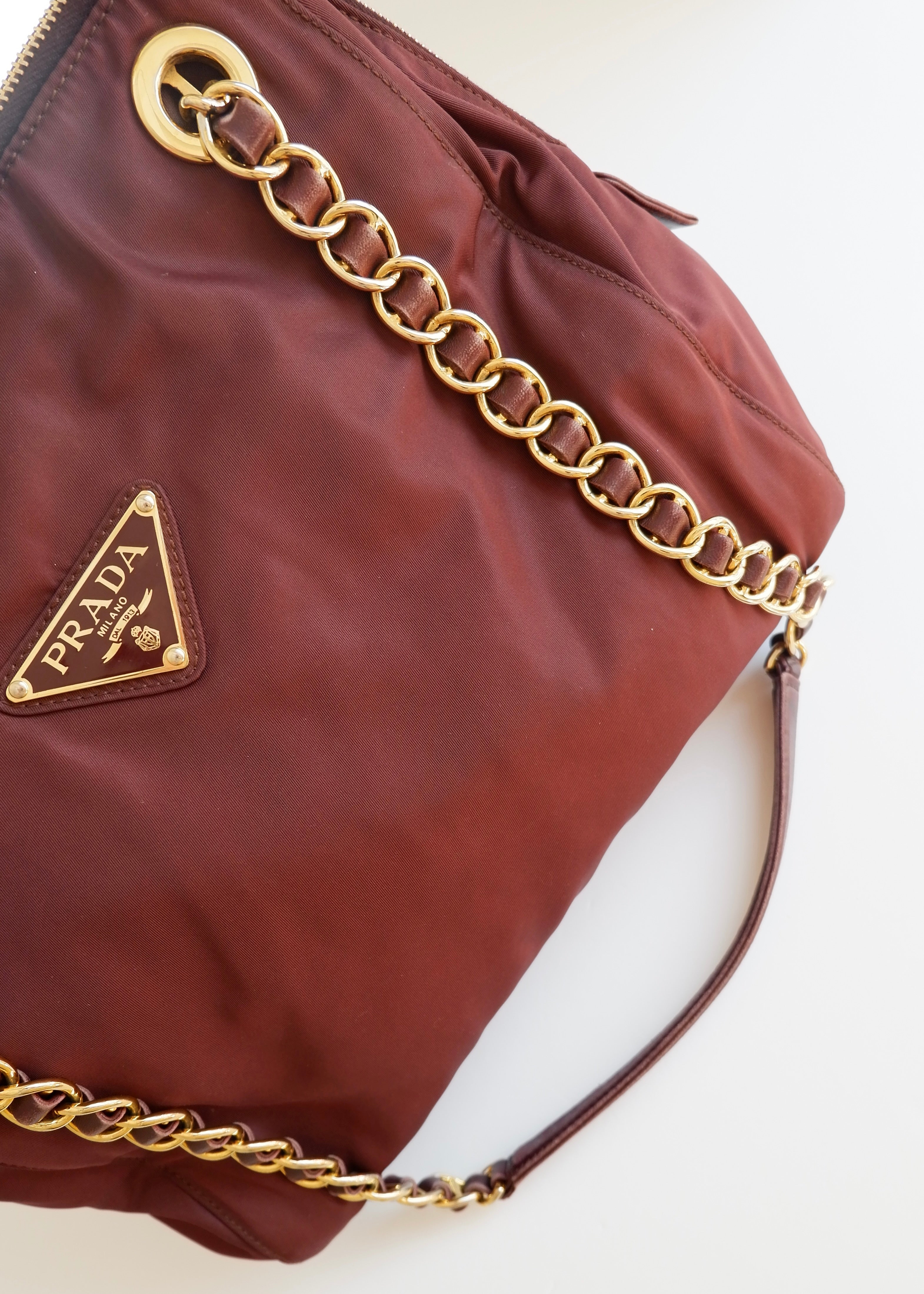 Preowned Prada Burgundy Nylon Chain Shoulder Tote
