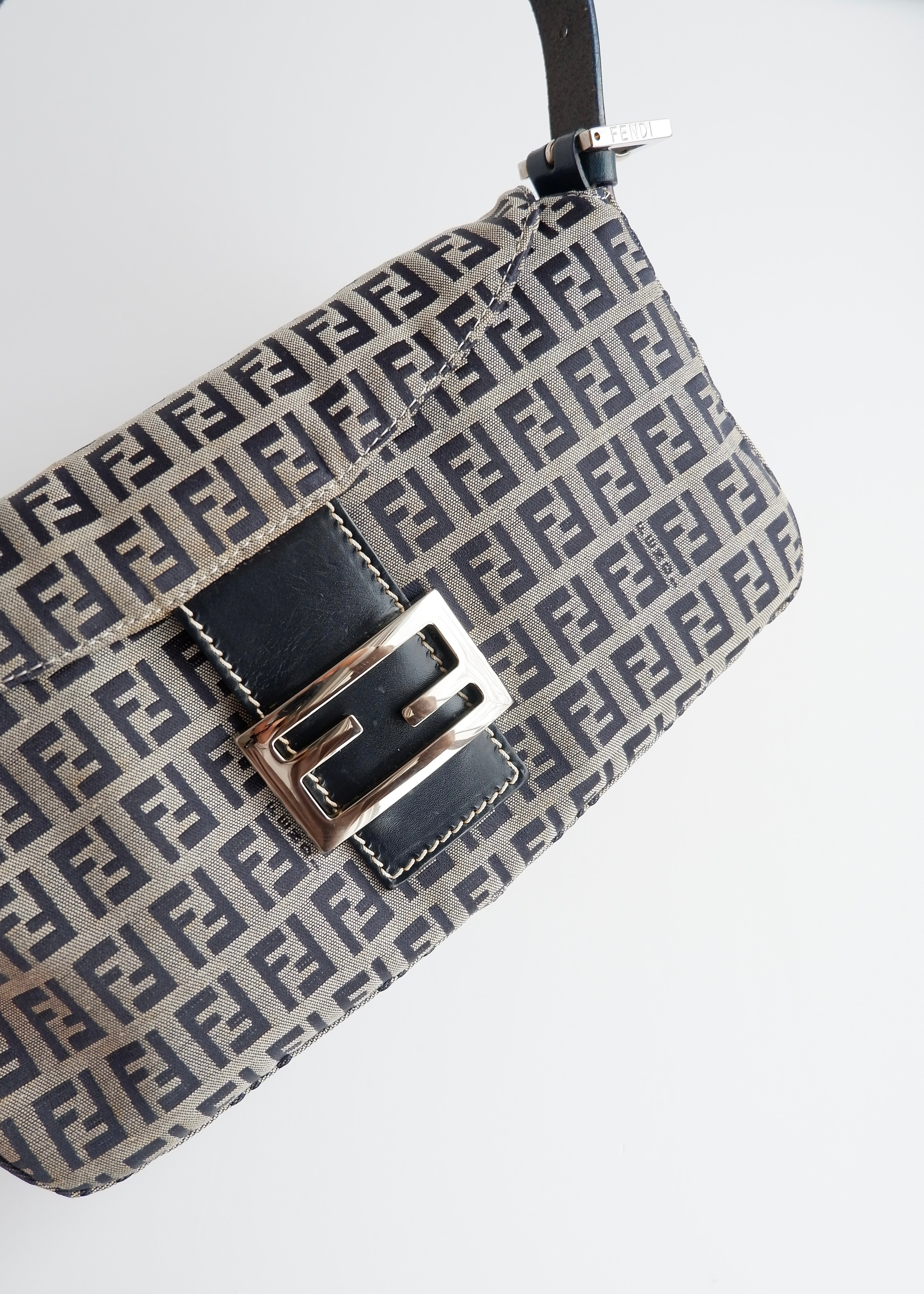 Authentic Preowned Fendi Navy Zucchino Baguette Shoulder