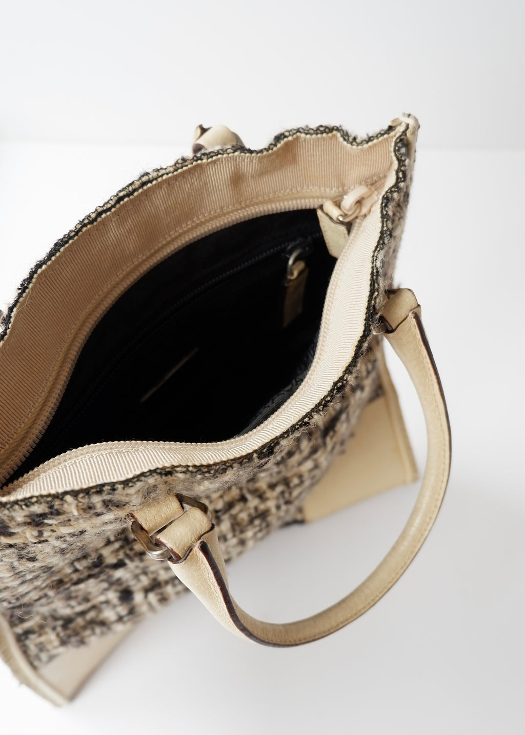 Preowned Prada Beige Tweed/ Leather Top Handle Bag