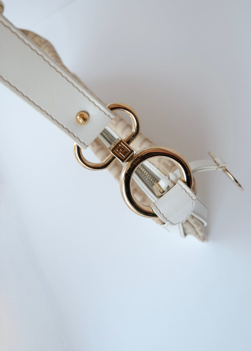 Preowned Vintage Fendi White Leather Beige Canvas Zucchino Shoulder Bag