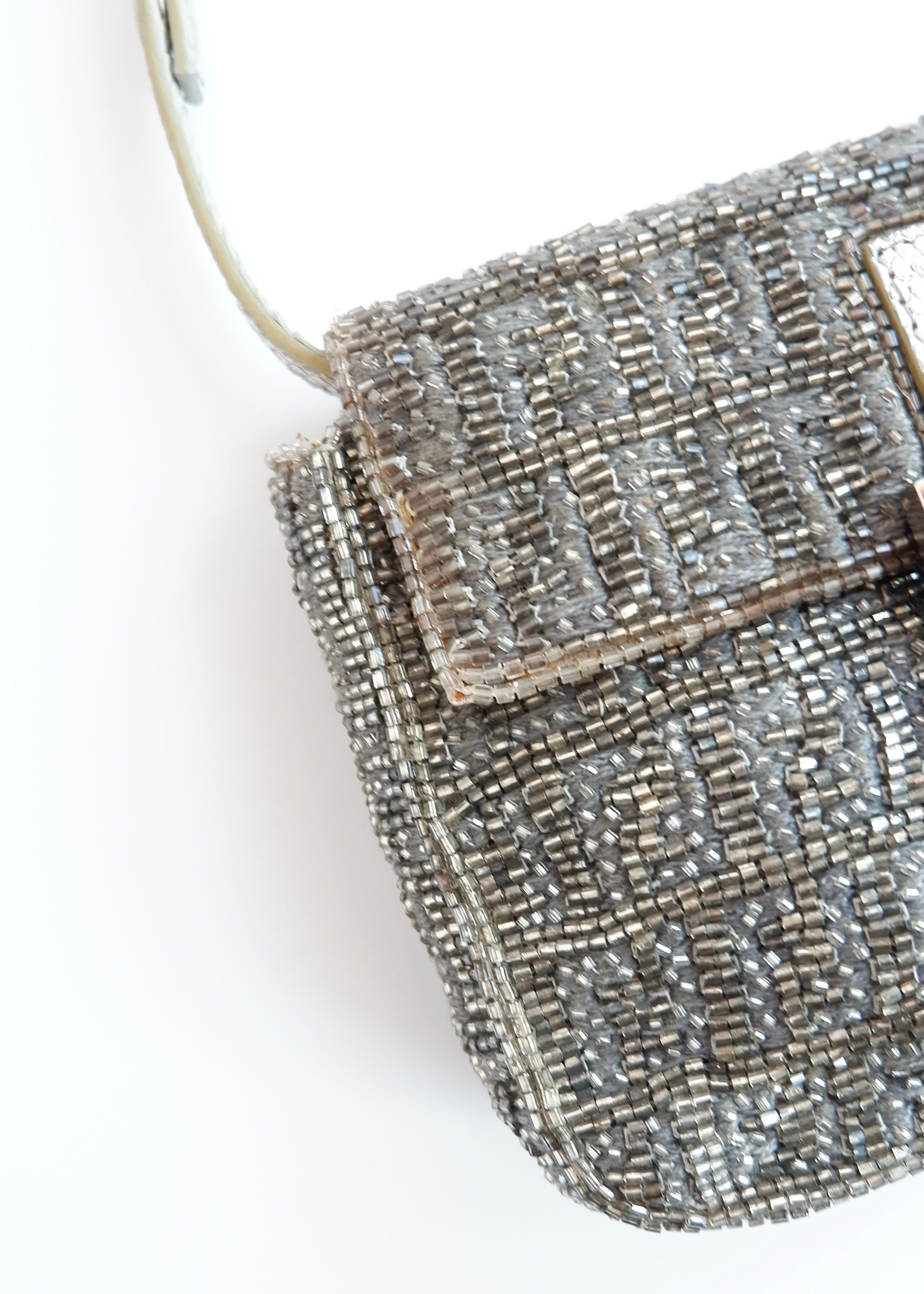 Authentic Preowned Vintage Fendi Silver FF Zucchino Beaded Small Baguette Shoulder Bag