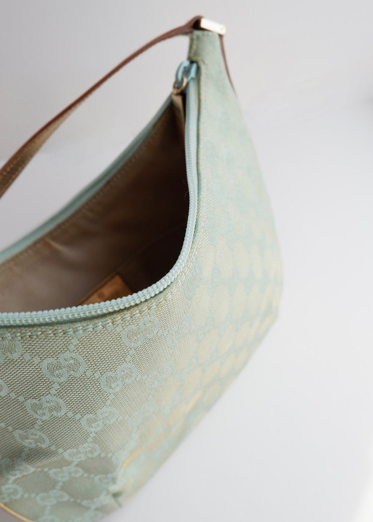 Authentic Preowned Gucci Blue GG Canvas Gold Strap Half Moon Shoulder Bag