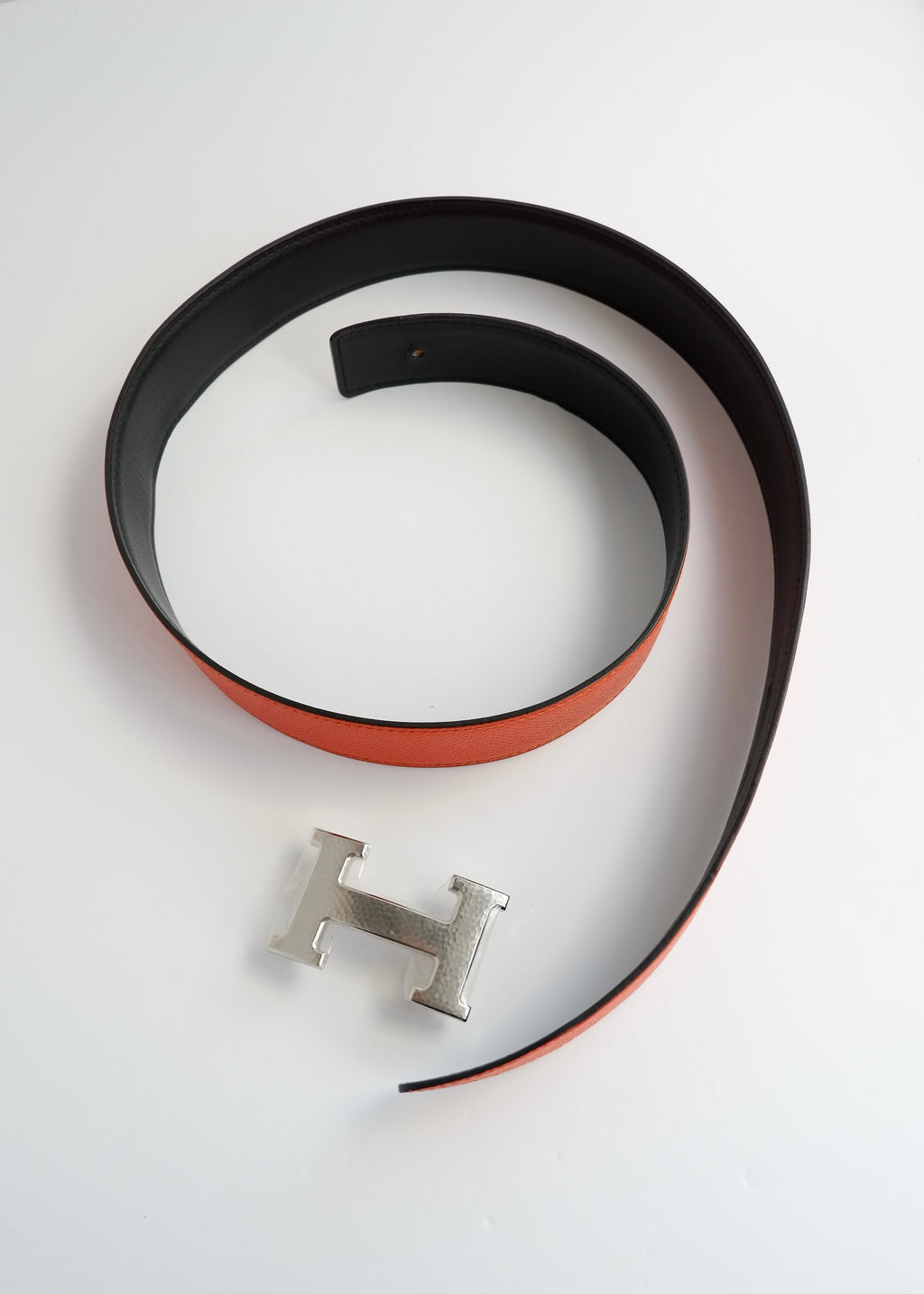 Authentic Preowned Hermes Black/ Orange Leather Martelee H Belt - 85
