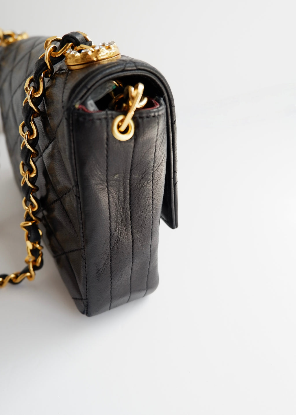 Authentic Preowned Vintage Chanel Black Lambskin Quilted Single Flap Crystal CC Logo Bag GHW