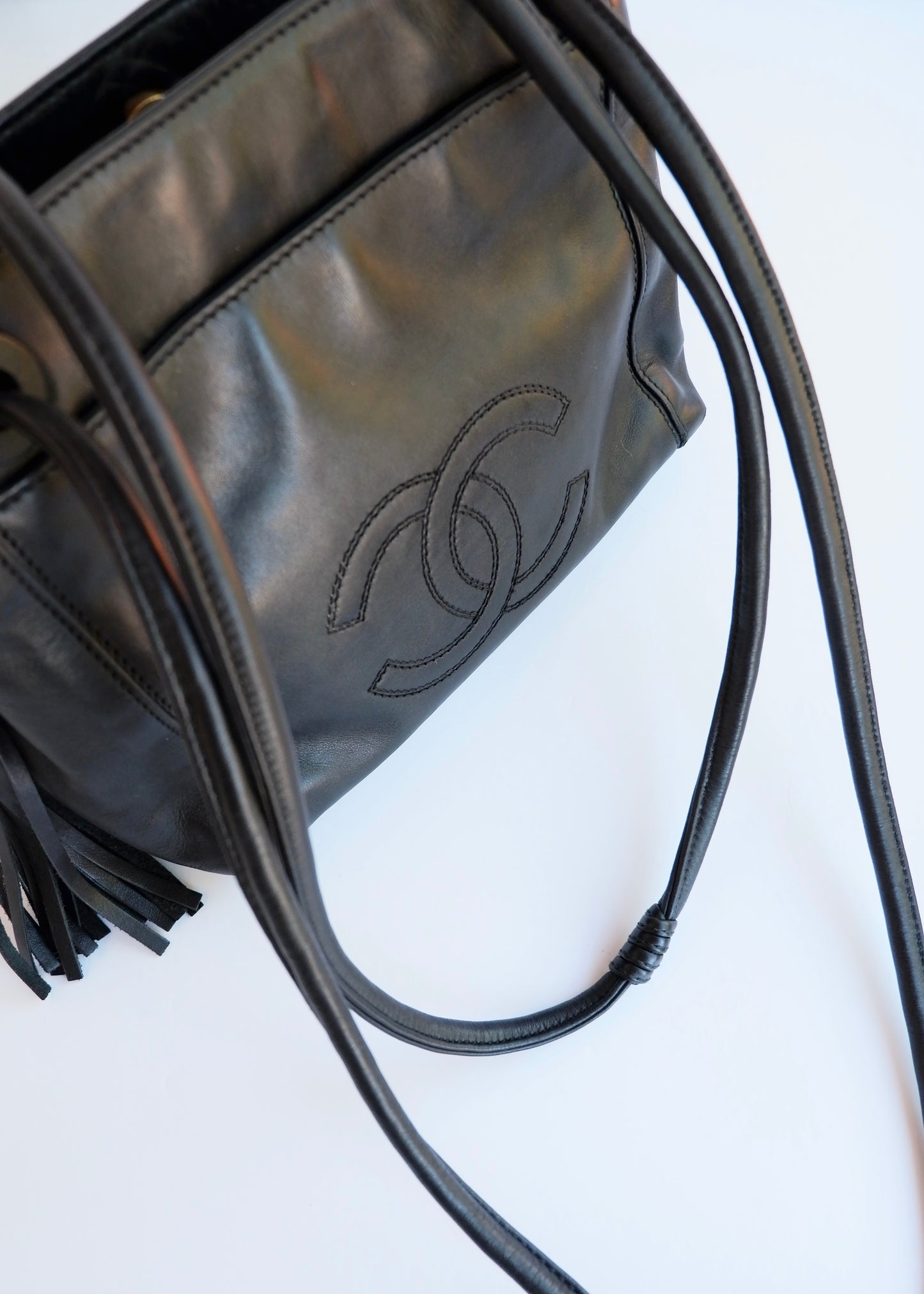 Authentic Preowned Vintage Chanel Black Leather CC Logo Tassel Shoulder Bag