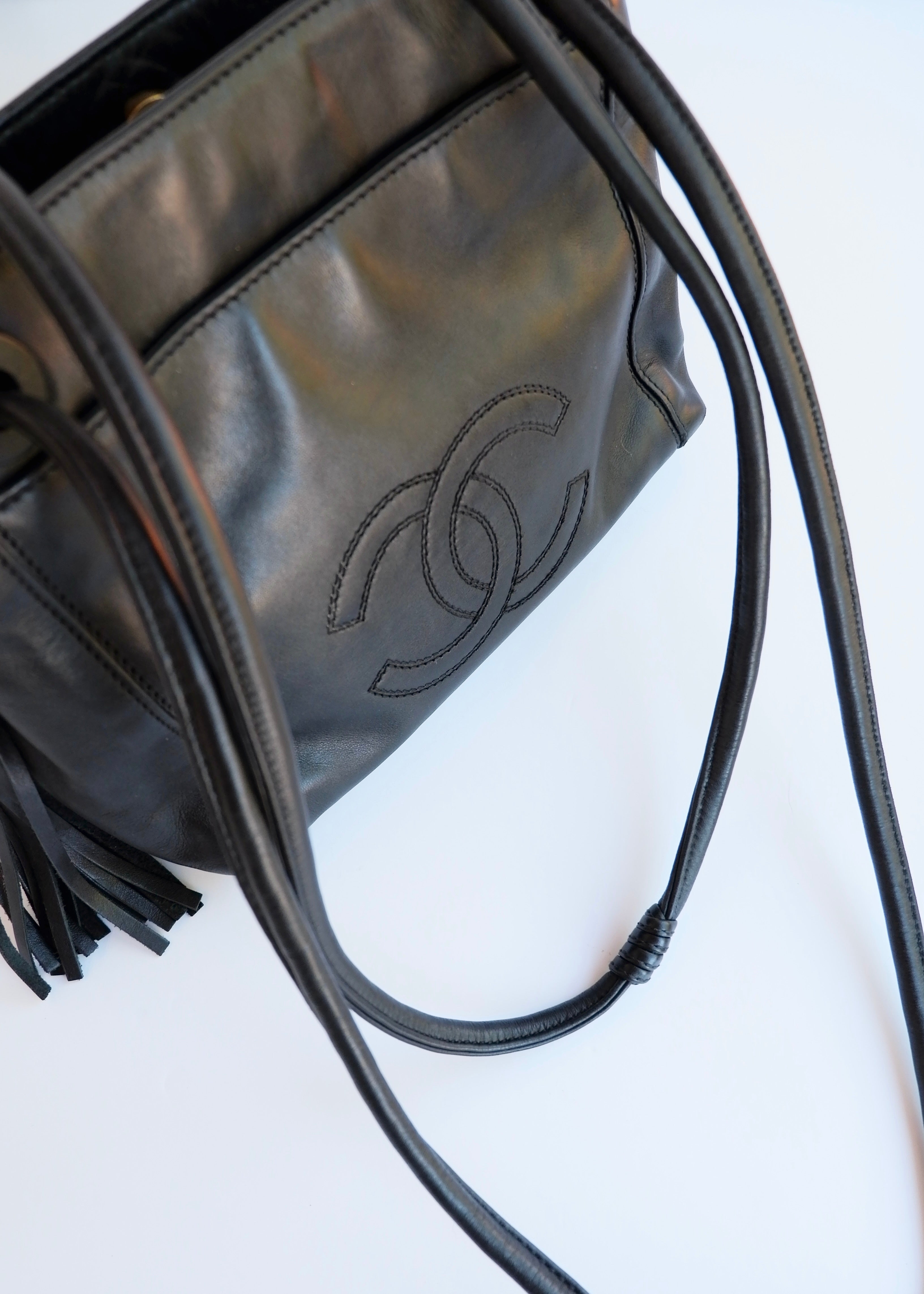 Authentic Preowned Vintage Chanel Black Leather CC Logo Tassel Shoulder Bag