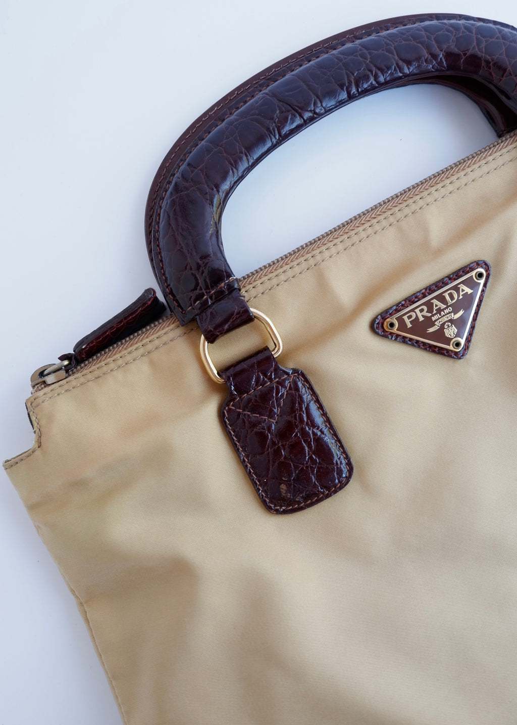 Authentic Preowned Vintage Prada Brown/Khaki Nylon/Patent Leather Handbag