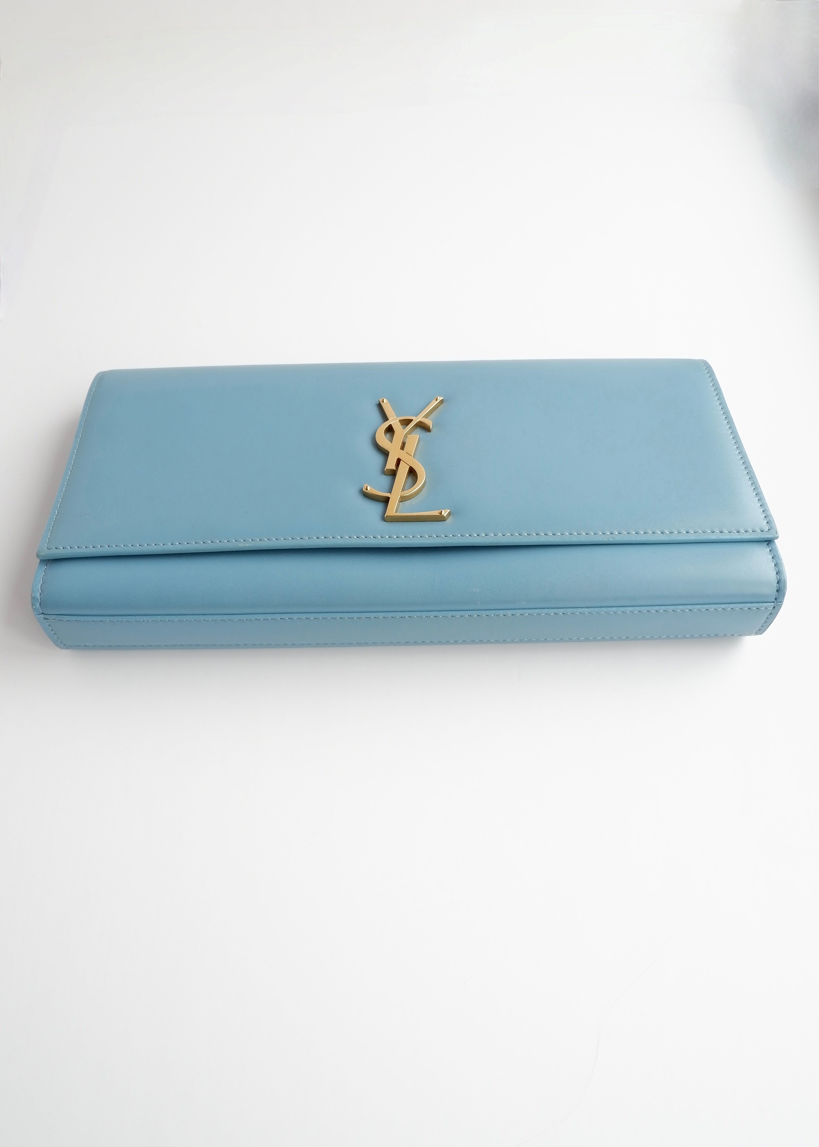 Authentic Preowned Saint Laurent Blue Leather YSL Logo Long Clutch Bag