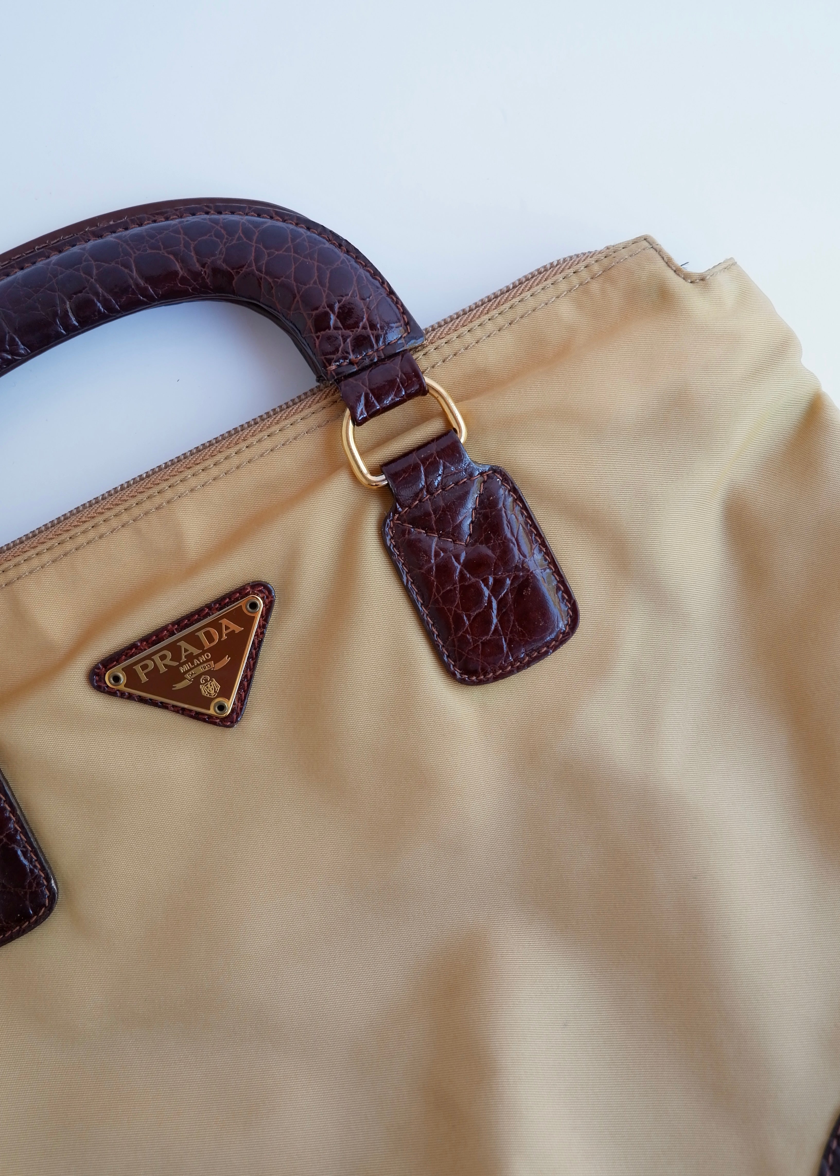 Authentic Preowned Vintage Prada Brown/Khaki Nylon/Patent Leather Handbag