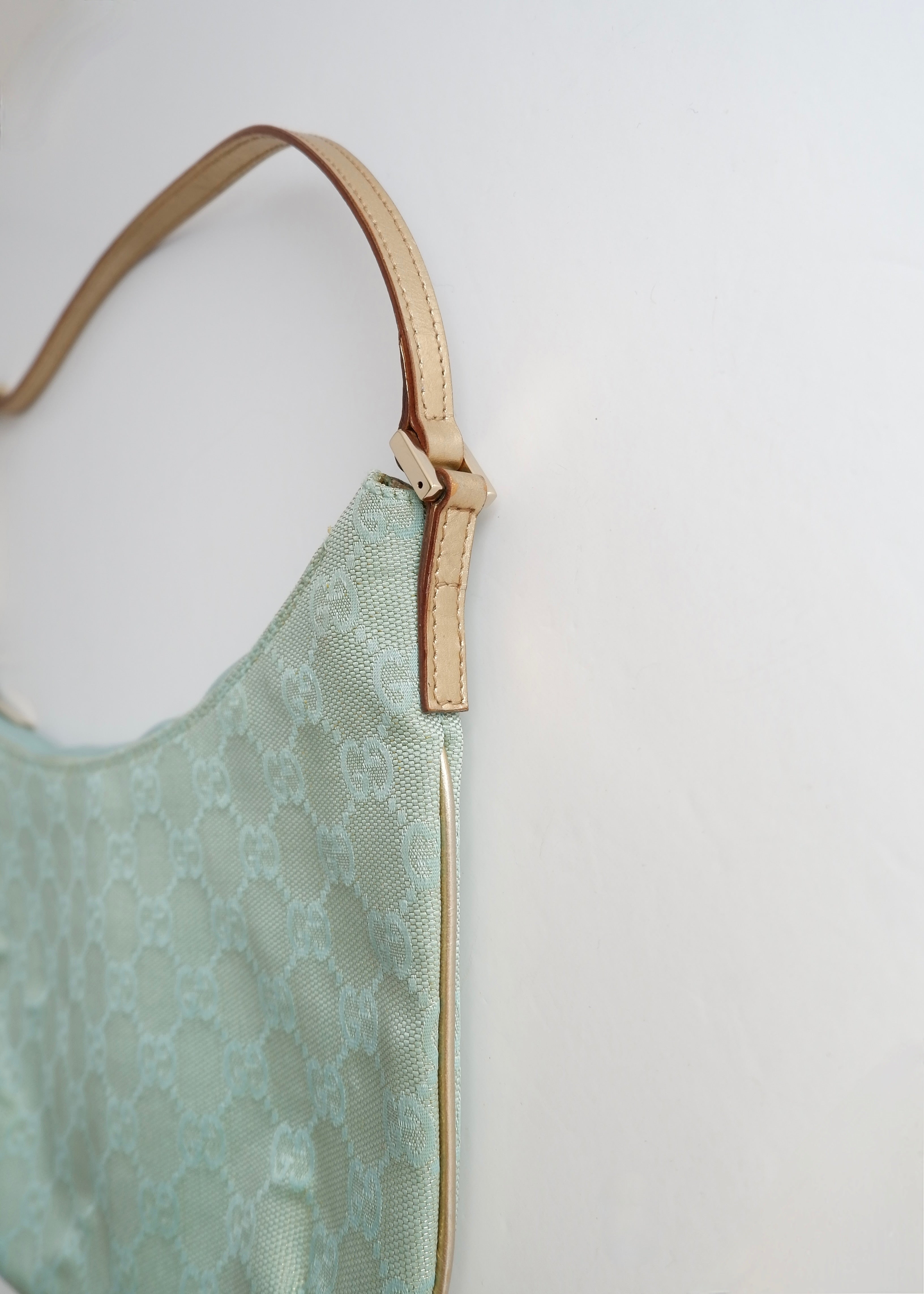Authentic Preowned Gucci Blue GG Canvas Gold Strap Half Moon Shoulder Bag