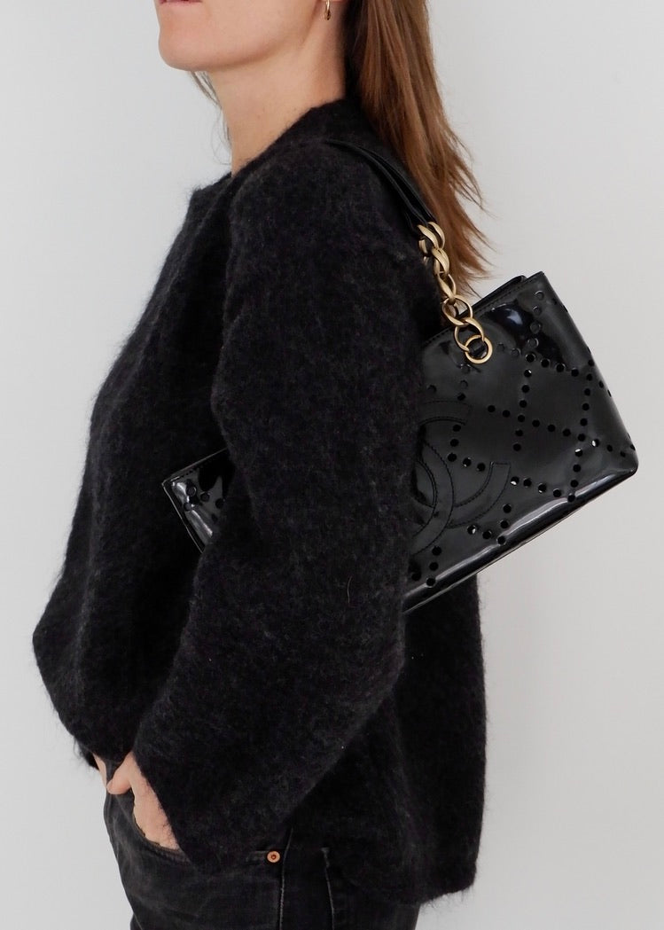 Authentic Preowned Chanel Black Patent Perforated Leather CC Logo Shoulder Bag
