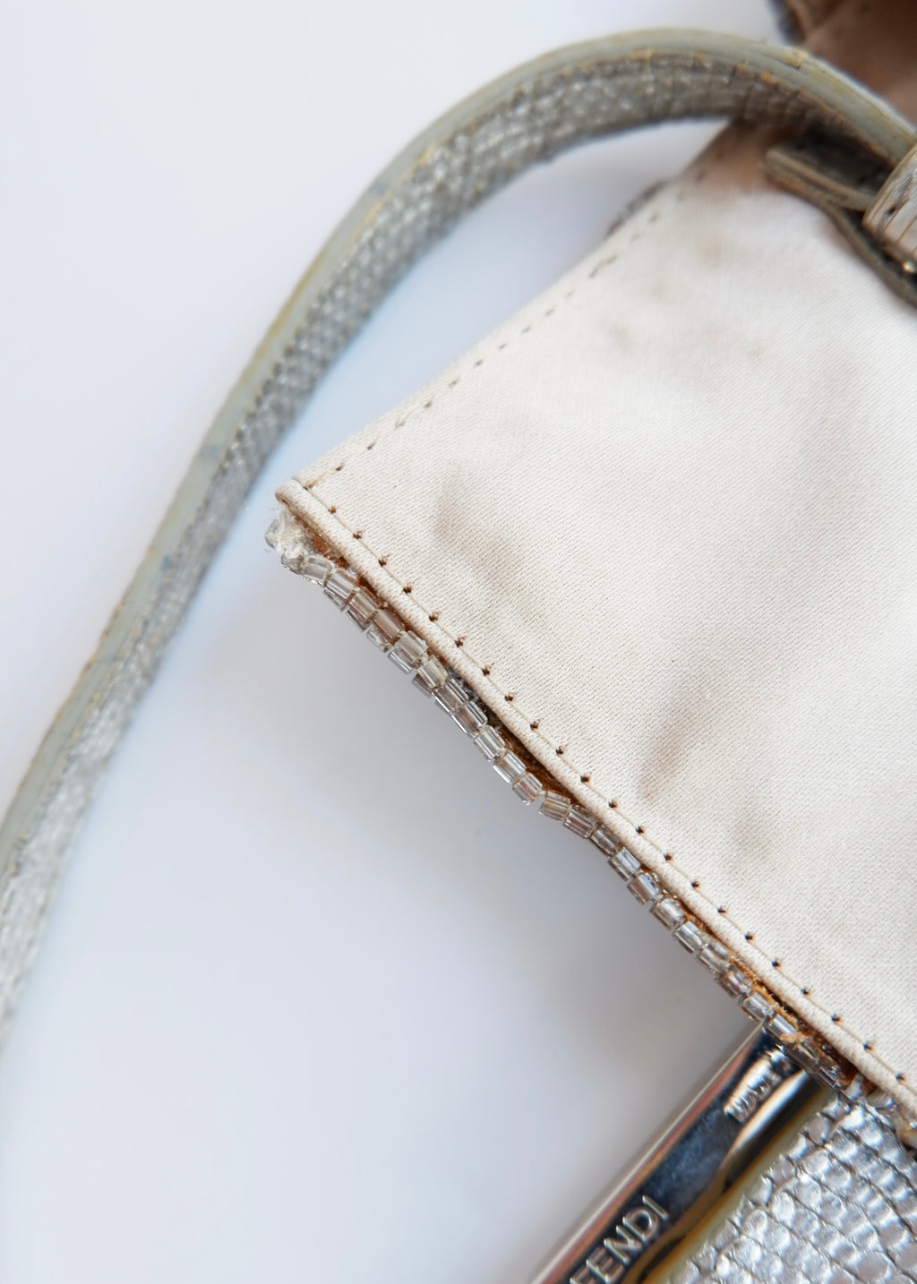 Authentic Preowned Vintage Fendi Silver FF Zucchino Beaded Small Baguette Shoulder Bag