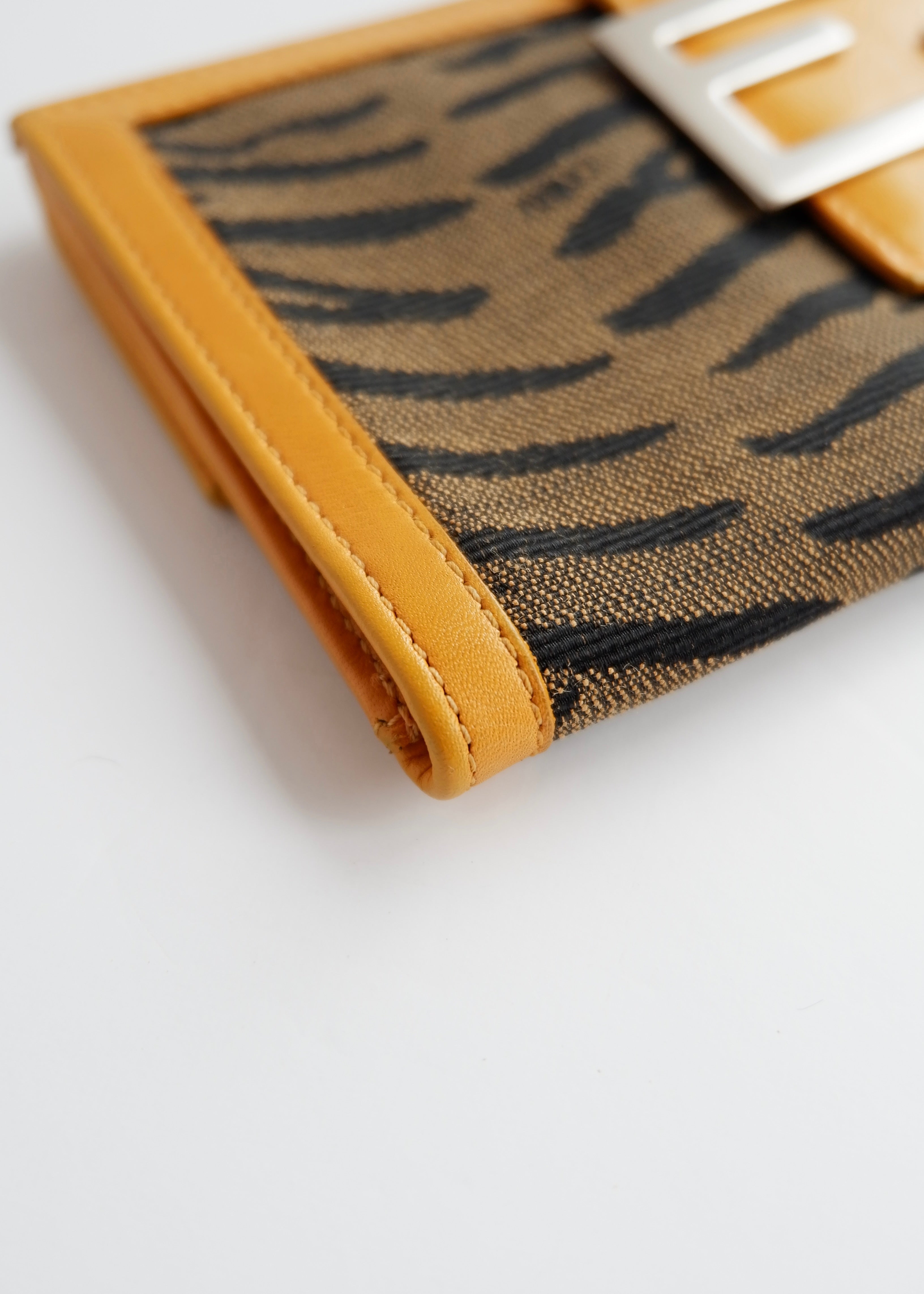 Preowned Vintage Fendi Yellow Leather Animal Print Canvas Long Wallet