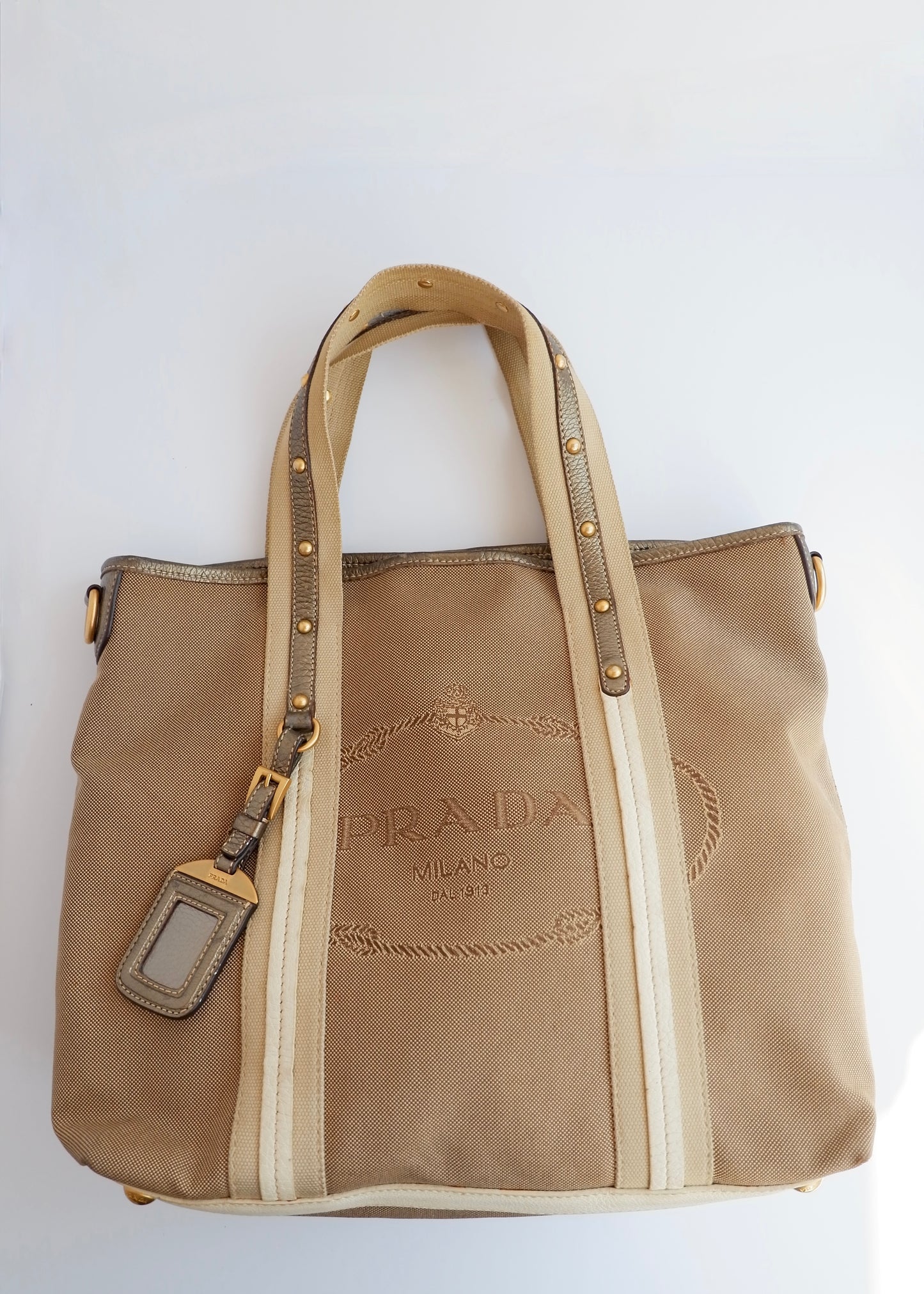 Authentic Preowned Prada Beige/Gold Canvas and Leather Two Way Bag