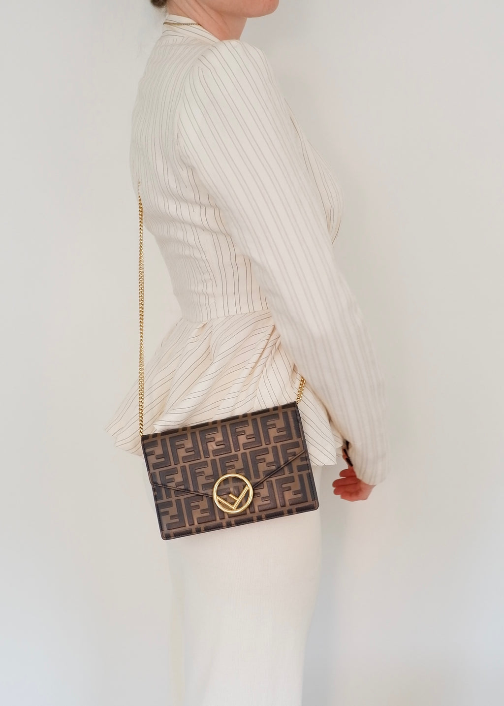 Preowned Fendi Brown Zucca Embossed Leather Wallet on Chain