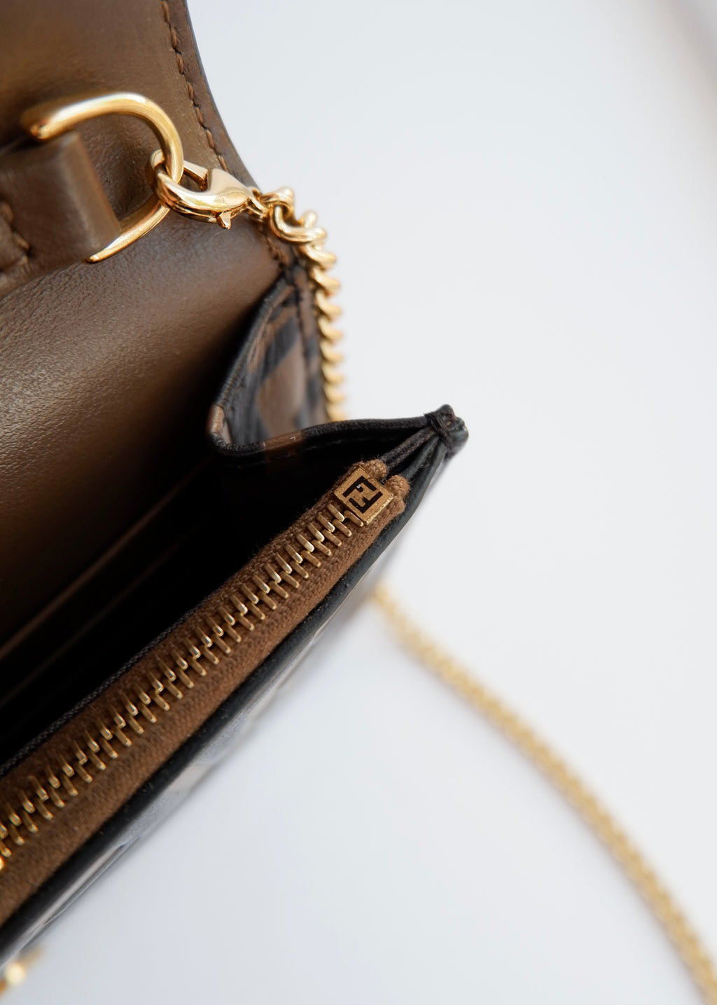 Preowned Fendi Brown Zucca Embossed Leather Wallet on Chain
