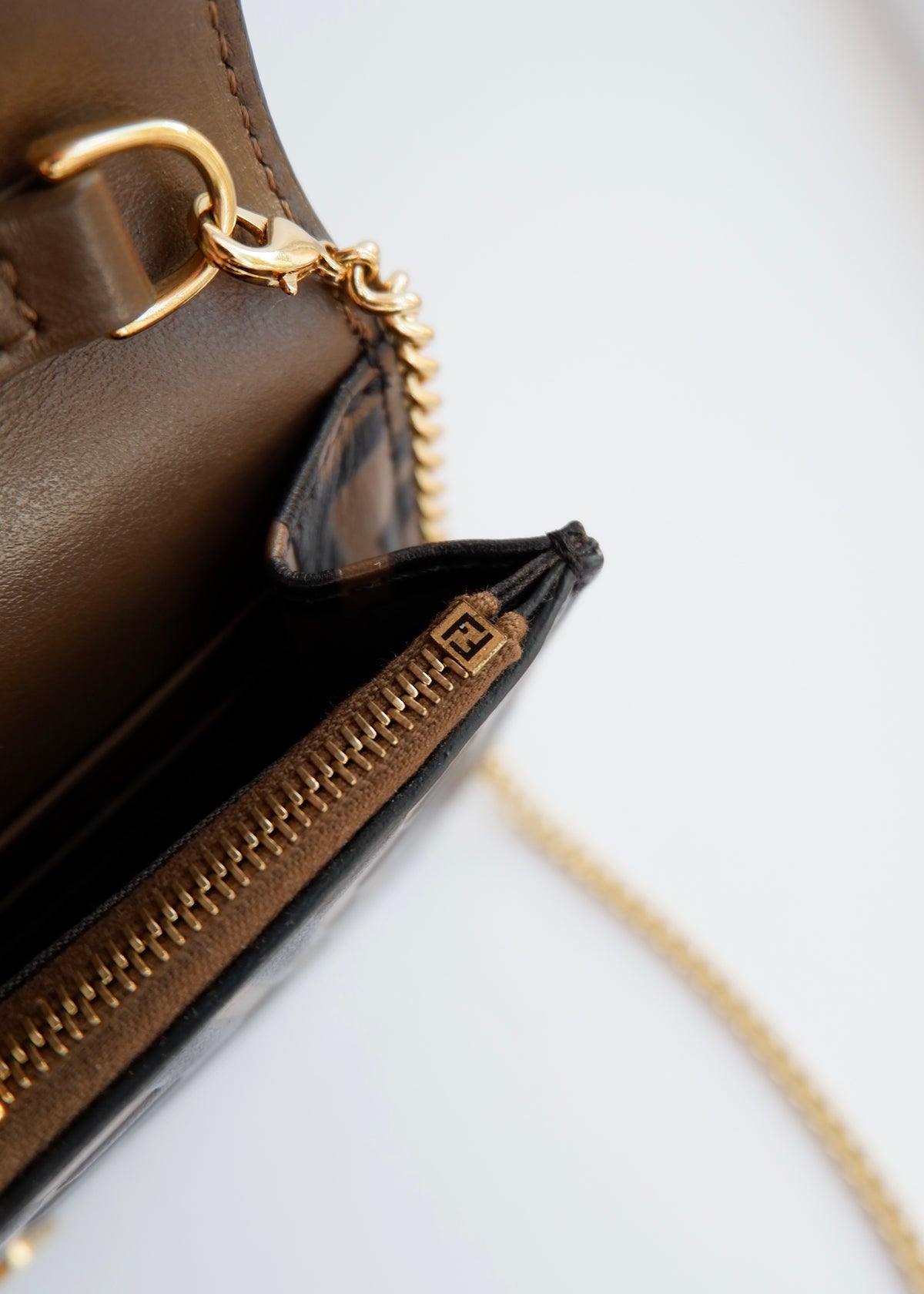 Preowned Fendi Brown Zucca Embossed Leather Wallet on Chain